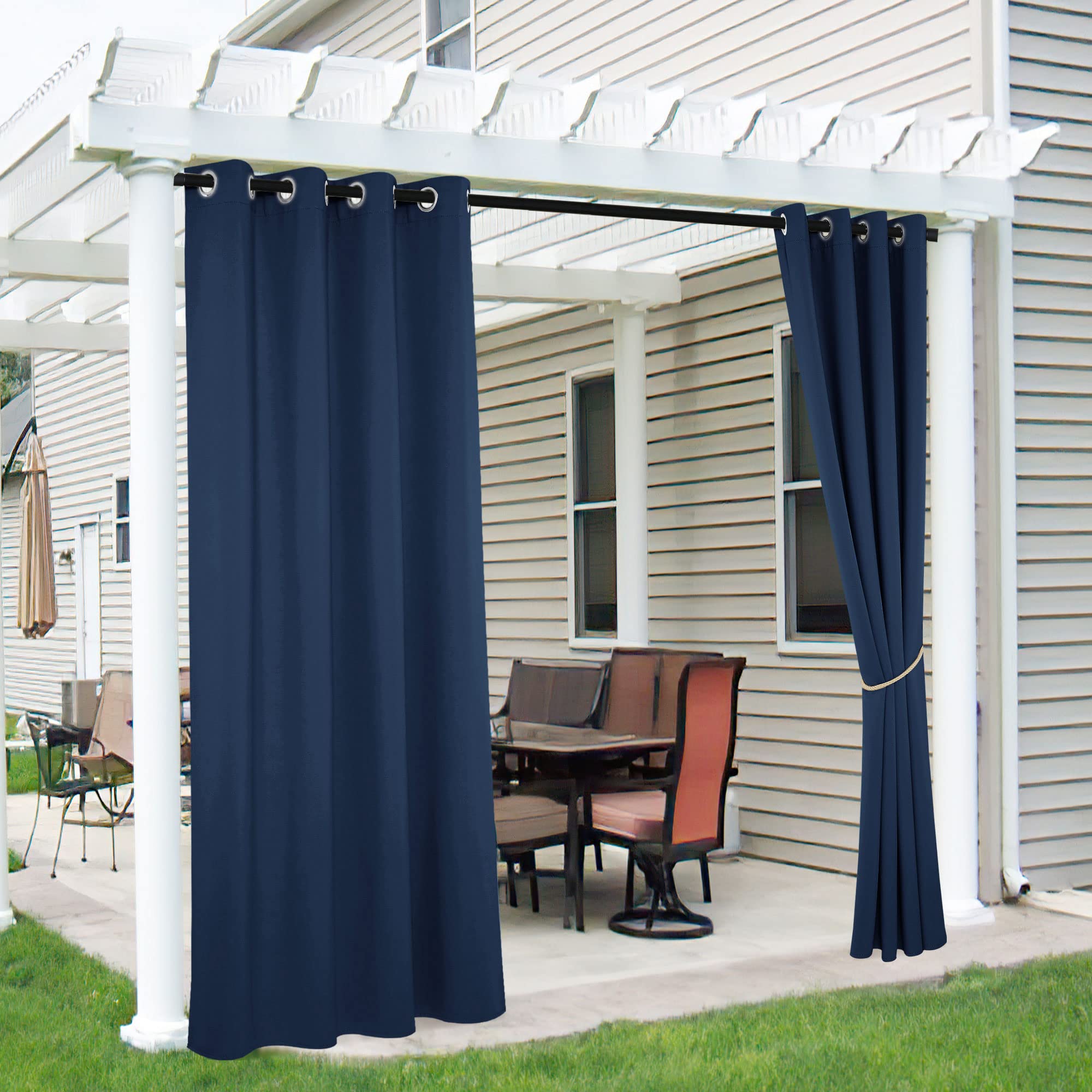 RYB HOME 2 Panels Waterproof Blackout Patio Curtains - 52x96 Inch Navy Blue Outdoor Privacy Shades, UV & Heat Blocking for Patio, Deck, Pergola - Perfect for Relaxing, Dining & Sun Protection