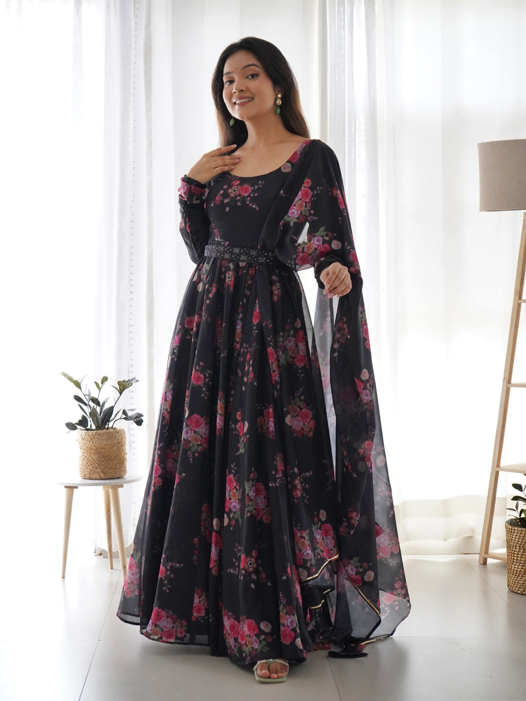 Elegant Black Designer Anarkali Dress with Dupatta & Belt - Perfect for Weddings, Parties & Festive Occasions