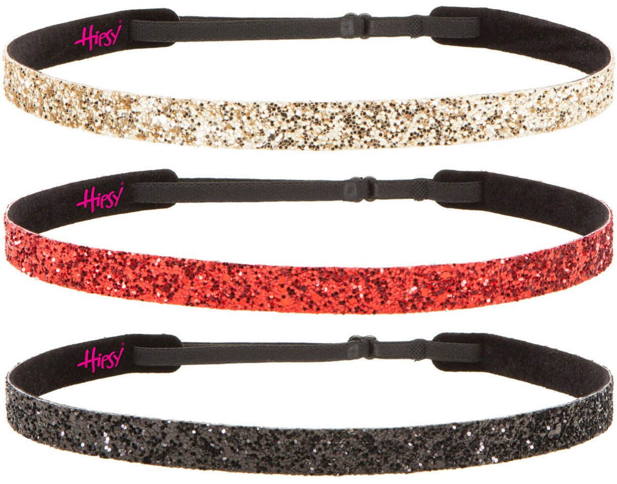 Sparkly Glitter Skinny Headbands 3-Pack for Women, Girls & Teens - Adjustable No-Slip PETITE Size (Black/Red/Gold) - Perfect for Sports, Workouts, School & Fashion Accessories