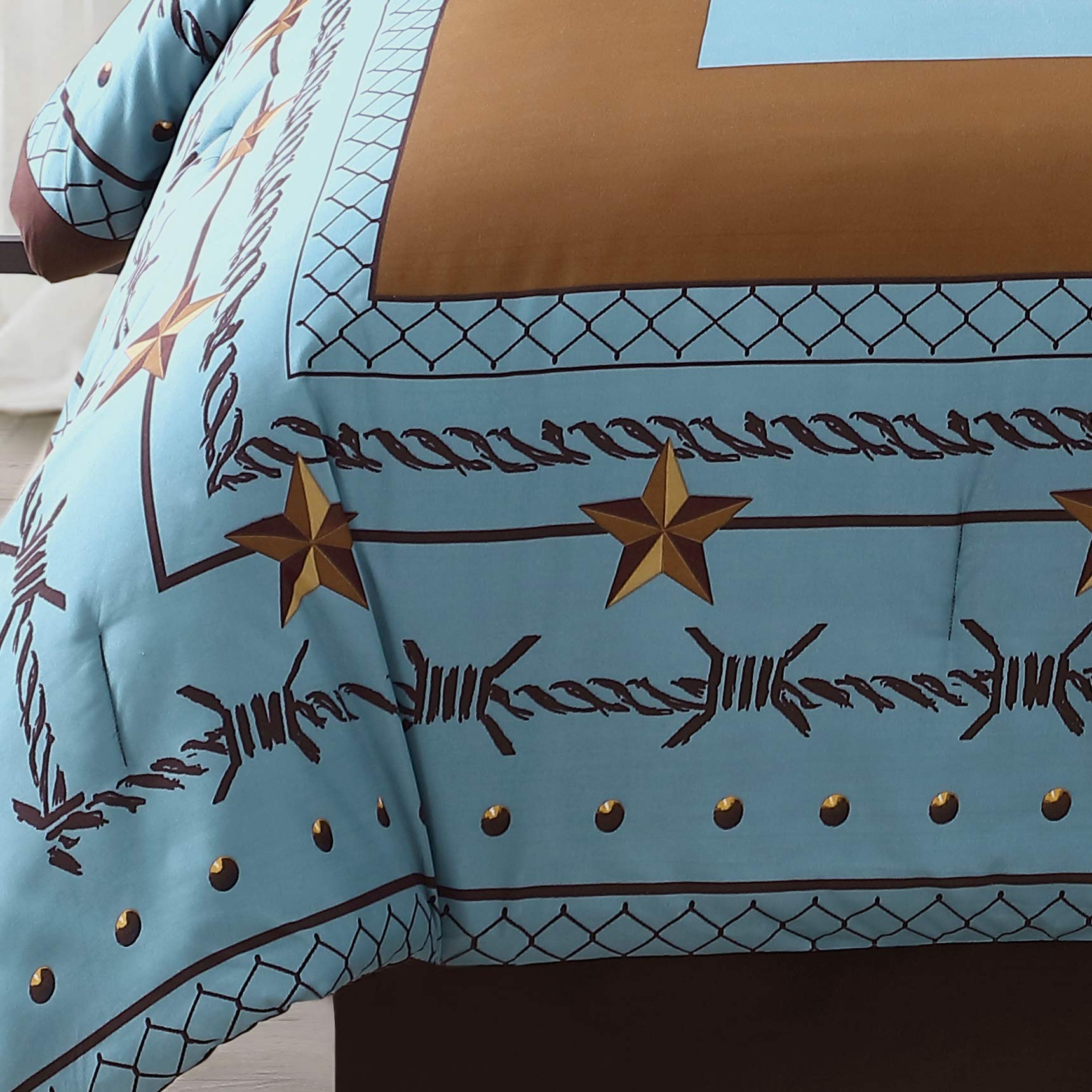 Chezmoi Collection Tulsa Queen Size 7-Piece Bedding Set - Turquoise & Brown Western Cowboy Comforter with Texas Star & Barbed Wire Design - Perfect for Ranch, Cabin, or Southwestern Style Bedrooms