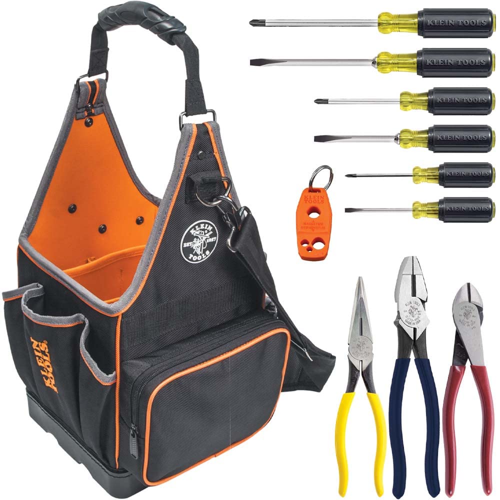 Klein Tools 80127 11-Piece Professional Tool Bag Kit with Tradesman Pro Tool Tote, 3 Pliers, 6 Screwdrivers & Demagnetizer/Magnetizer - Perfect for Electricians, Contractors & DIY Home Repairs