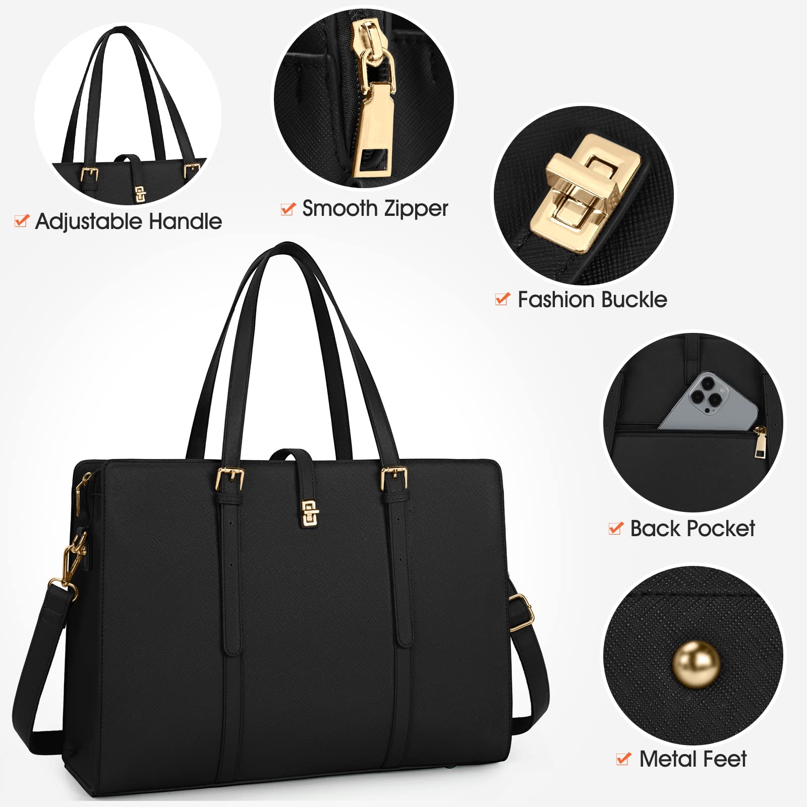 15.6 Inch Leather Laptop Tote Bag for Women - Waterproof Lightweight Professional Business Office Shoulder Bag - Large Travel Handbag for Work, Commute, and Meetings - Black