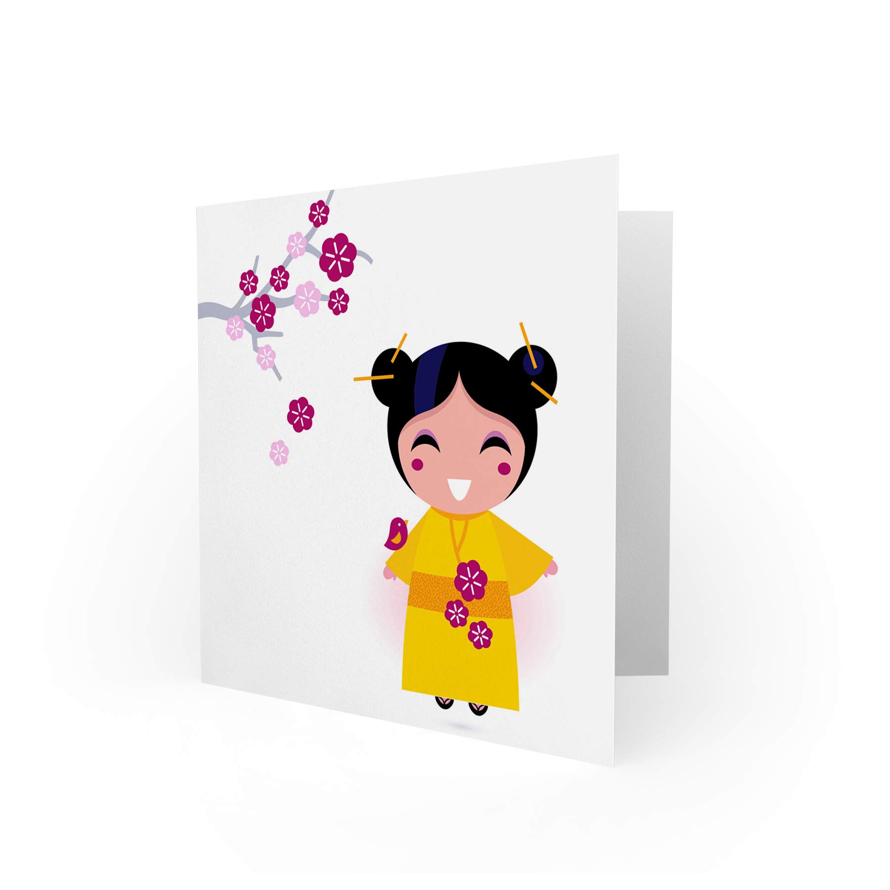 Wee Blue Coo Japanese Geisha Cherry Blossom Kimono Blank Greeting Card - Elegant Birthday & Special Occasion Card Art - Perfect for Birthdays, Anniversaries & Japanese Culture Enthusiasts