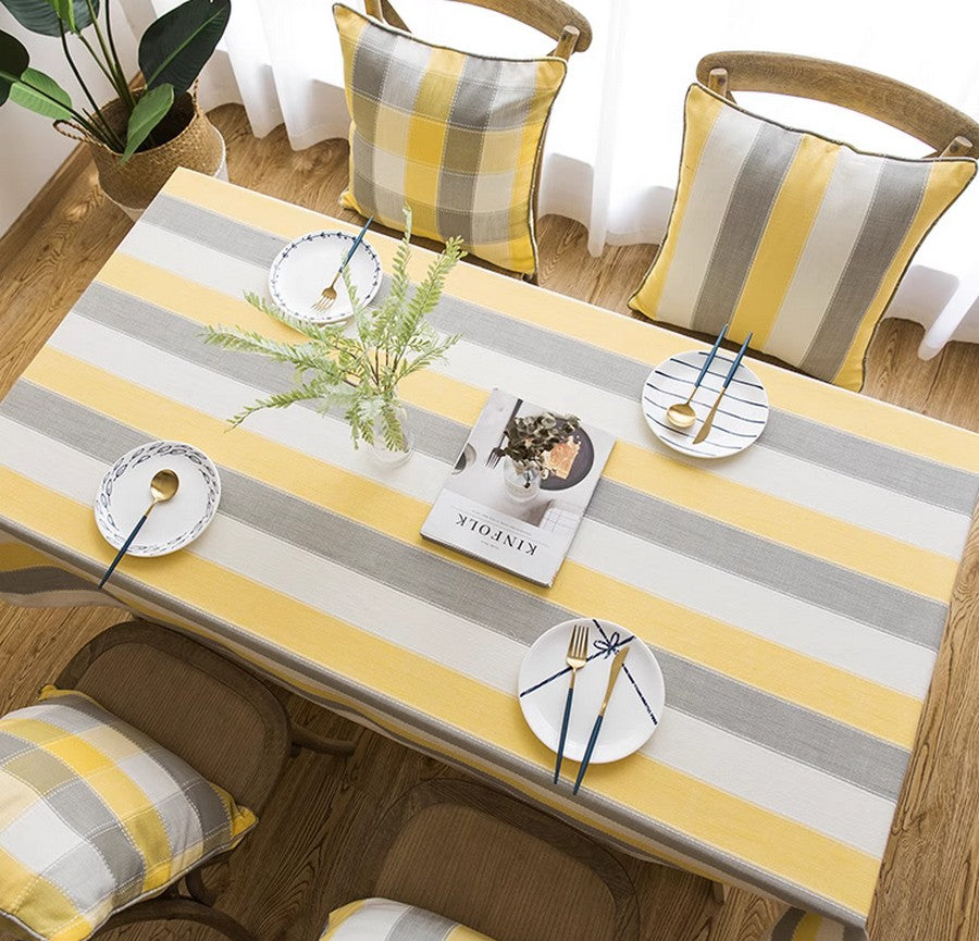 Yellow Stripe Cotton & Linen Tablecloth - Modern Rectangular Kitchen Table Cover for Dining Room & Oval Tables | Waterproof & Washable for Everyday Use & Special Occasions
