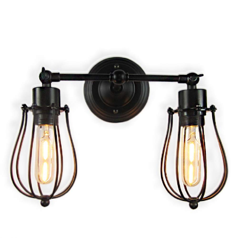 Vintage Industrial Wall Sconce - Adjustable Metal Cage Lighting Fixture with Double Lamp Base - Rustic Black Country Style Indoor Wall Lamp for Living Room, Bedroom & Hallway Decor