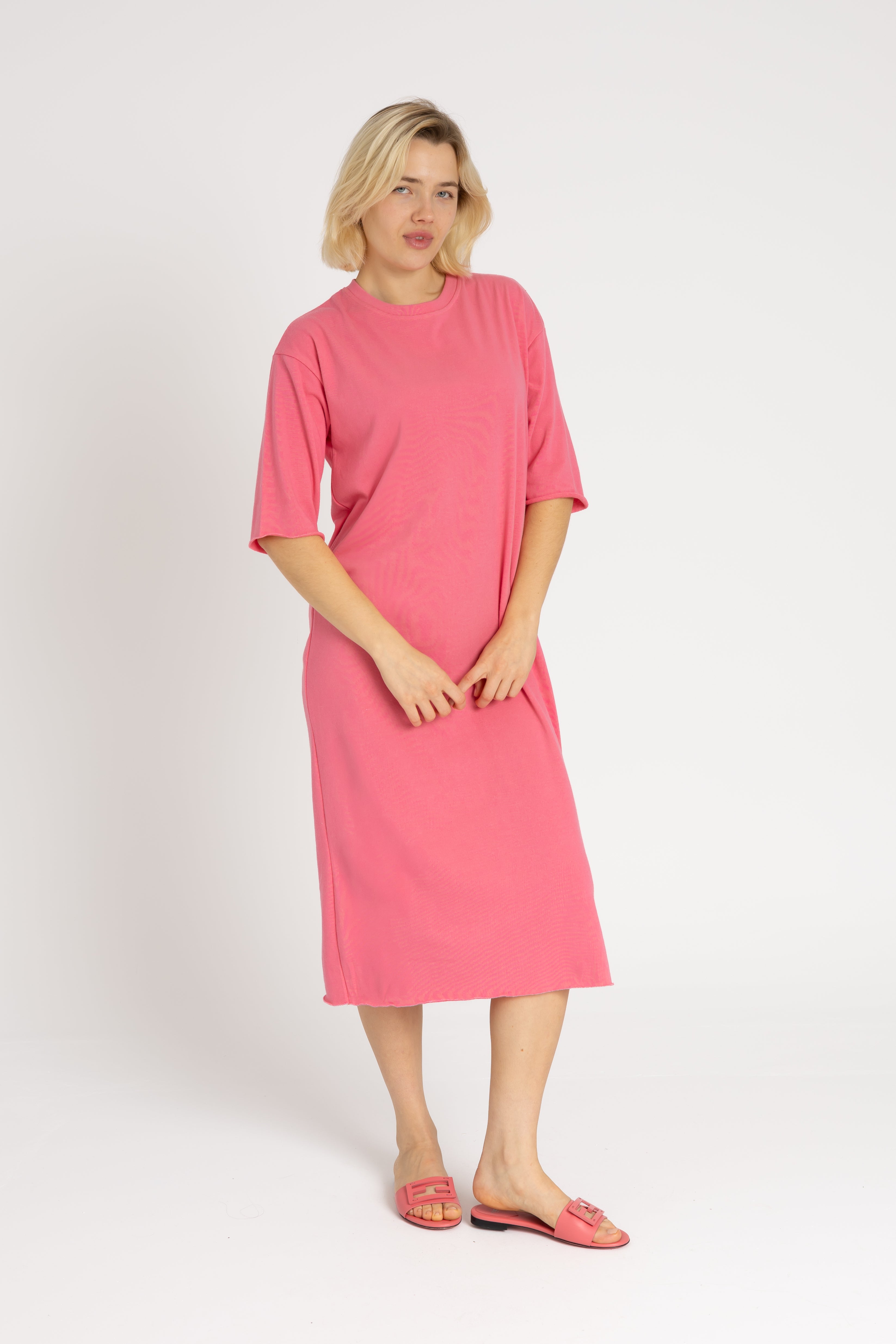 Pink Terry Midi Dress for Women - Soft Cotton Summer Casual Dress with Pockets - Perfect for Beach, Vacation and Everyday Wear