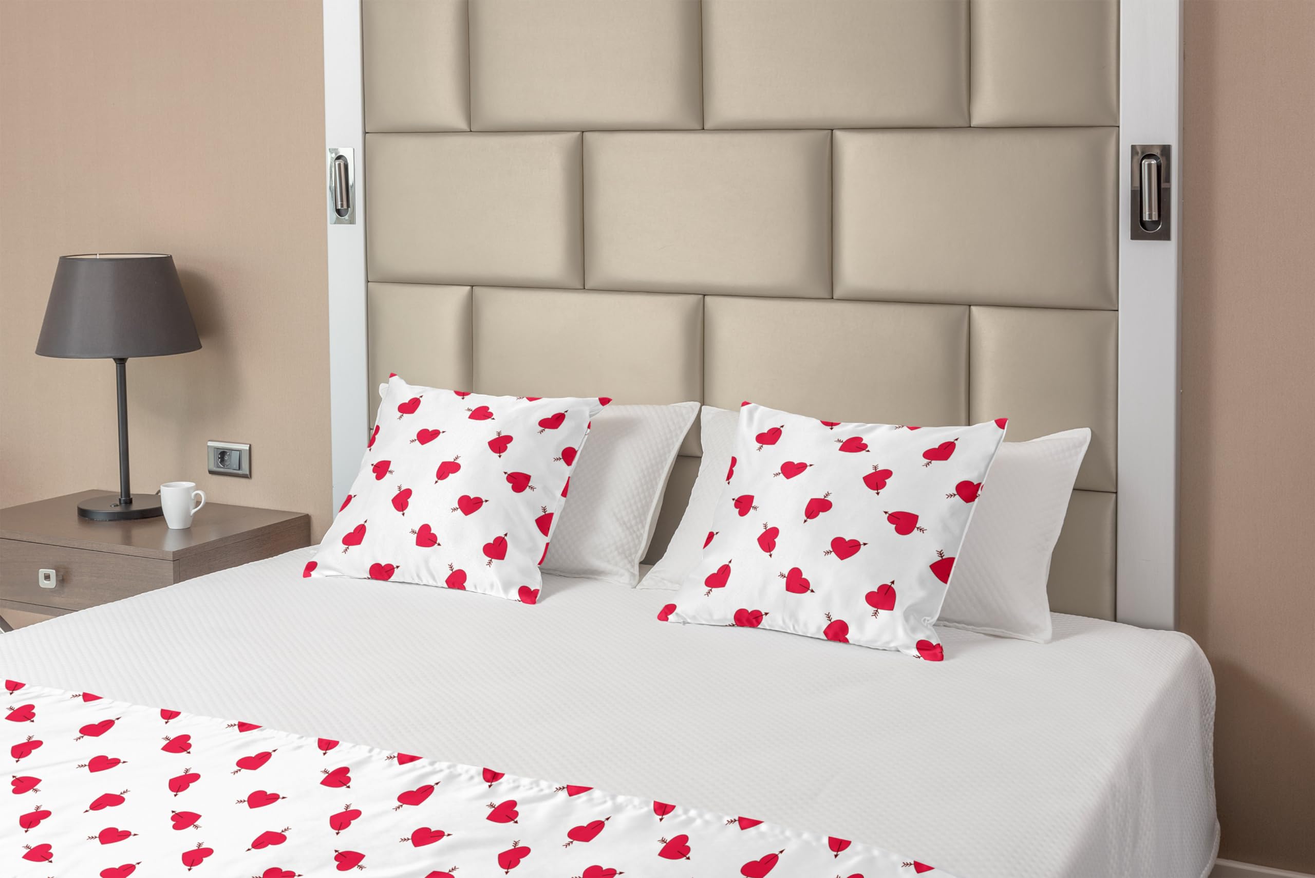 Ambesonne Valentine's Day Bed Runner Set with Cartoon Hearts & Arrows - Romantic Love Pattern Bed Scarf & 2 Pillow Shams - Dark Coral Brown White Decorative Bedding for Hotels, Homes, Bedrooms - Perfect for Anniversary Gifts, Couples Retreats & Romantic Decor
