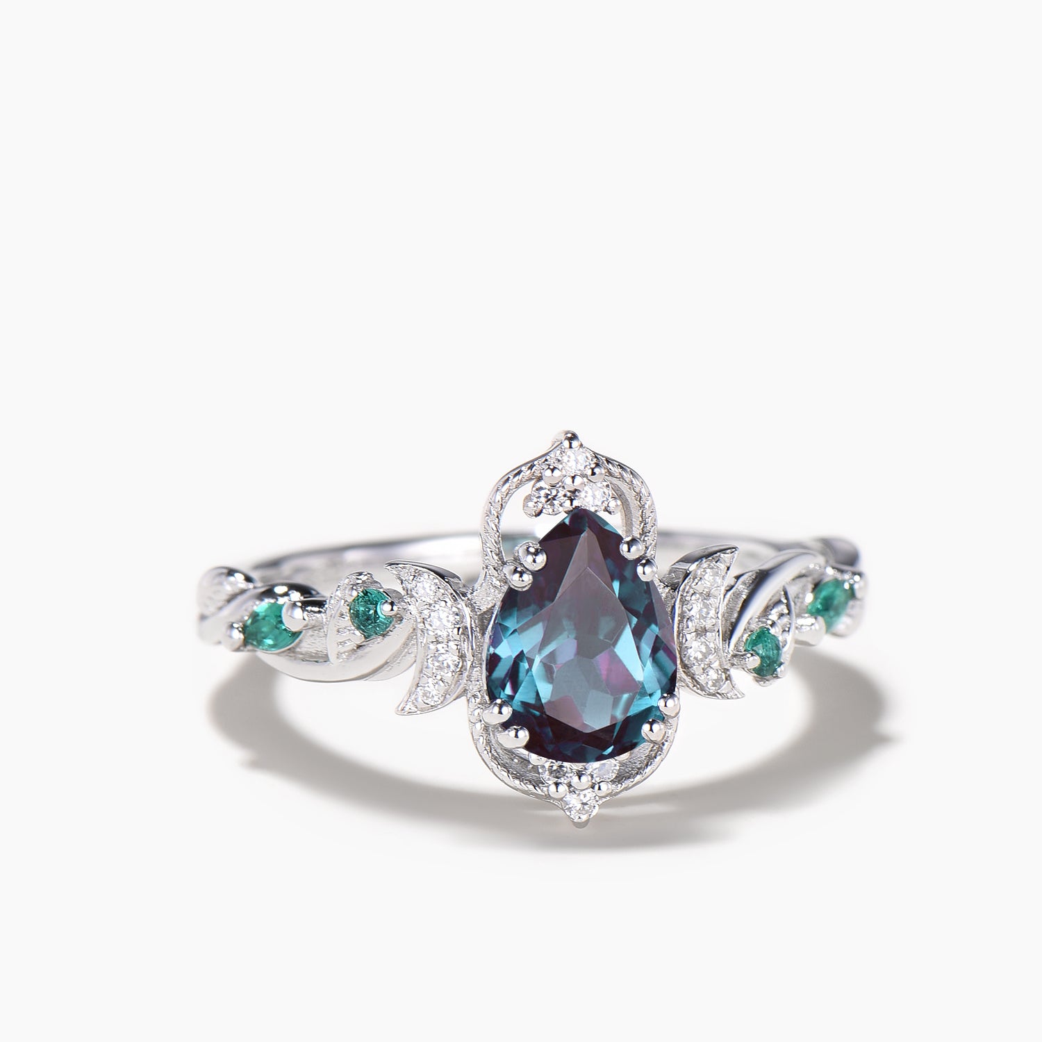 Pear Cut Color Changing Alexandrite Engagement Ring with Diamond Accents - Moon Twisted Wedding Band for Proposals, Anniversaries & Romantic Occasions