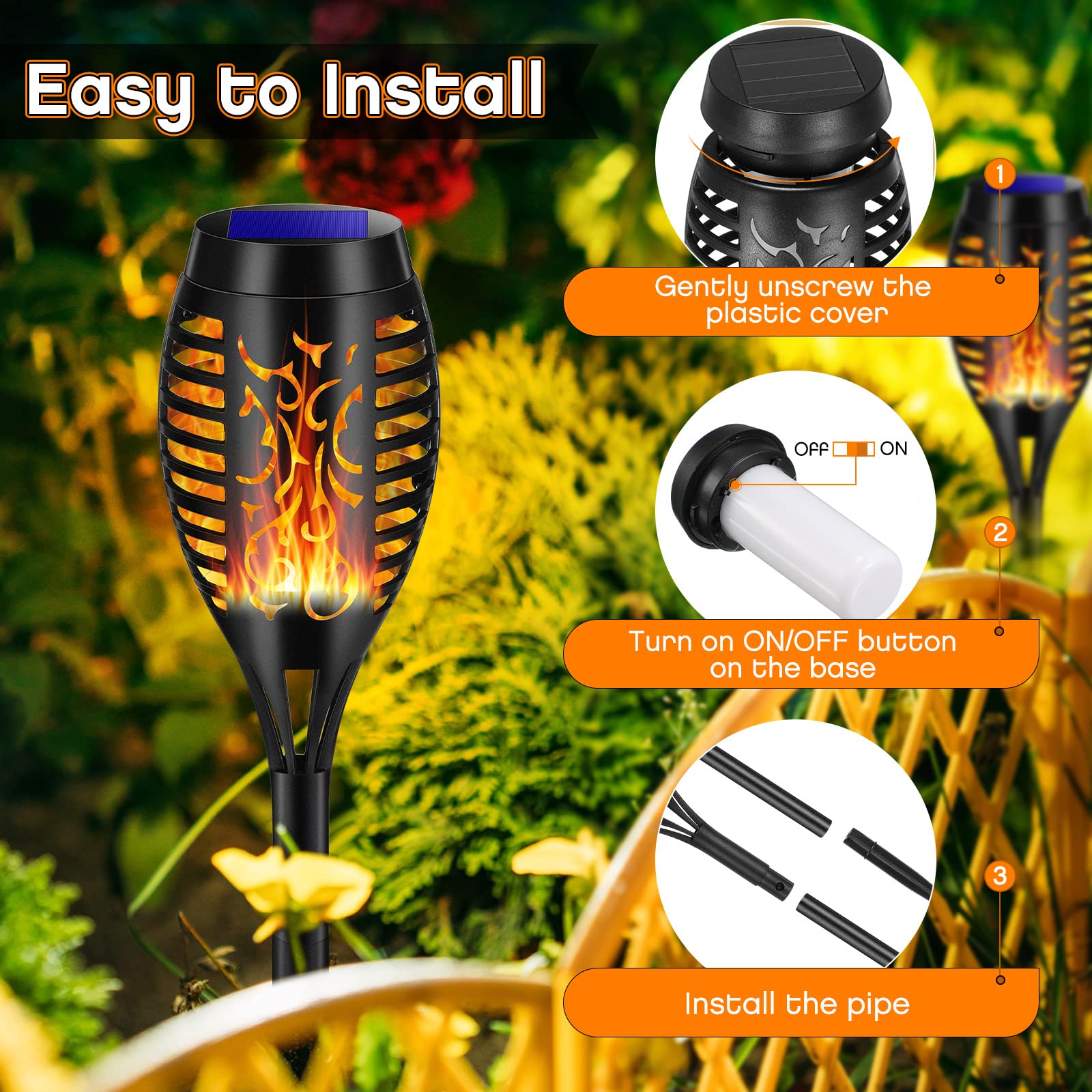 ZEYXINH 6 Pack Solar Torch Lights with Auto On/Off & Flickering Flame - Waterproof Outdoor Solar Pathway Lights for Garden, Yard, Patio - Landscape Decoration & Tiki Torch Lighting for Parties, Camping, Walkways