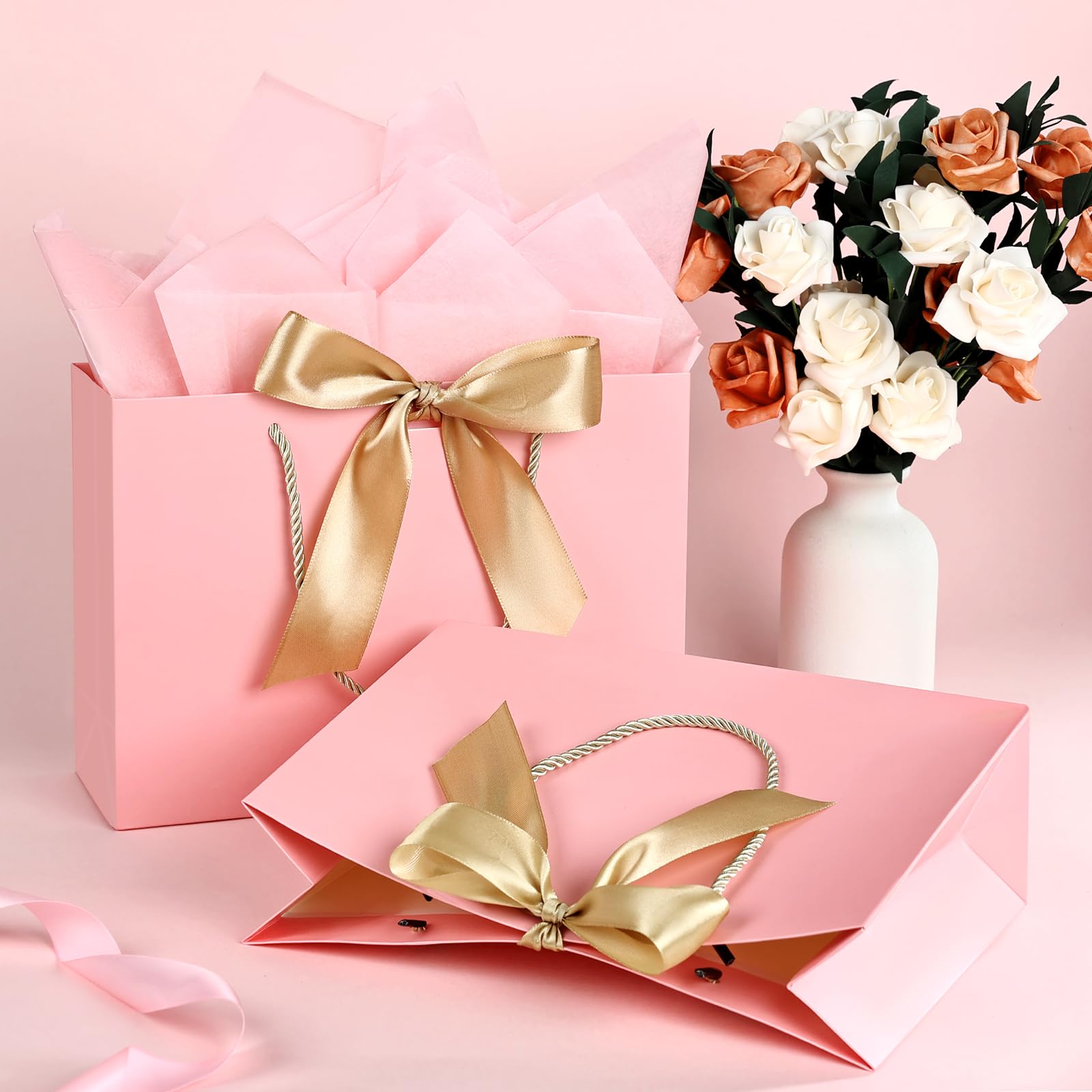 JMANNI Large Gift Bags with Ribbon - 1 Pack Includes 1 Paper Gift Bag with Handles, 1 Greeting Card & 2 Tissue Papers - Elegant Marble Pattern Present Bags for Birthday, Christmas, Wedding - Perfect for Party Favors, Bridal Showers & Corporate Gifting
