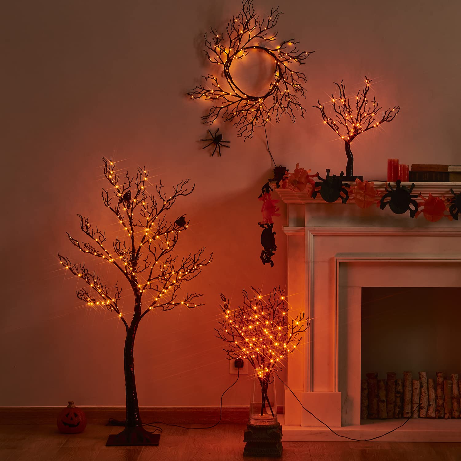 Fudios 4FT Lighted Black Halloween Tree with 150 Orange LED Fairy Lights - Indoor/Outdoor Plug-in Decor for Spooky Party, Home, Yard & Haunted House Themes