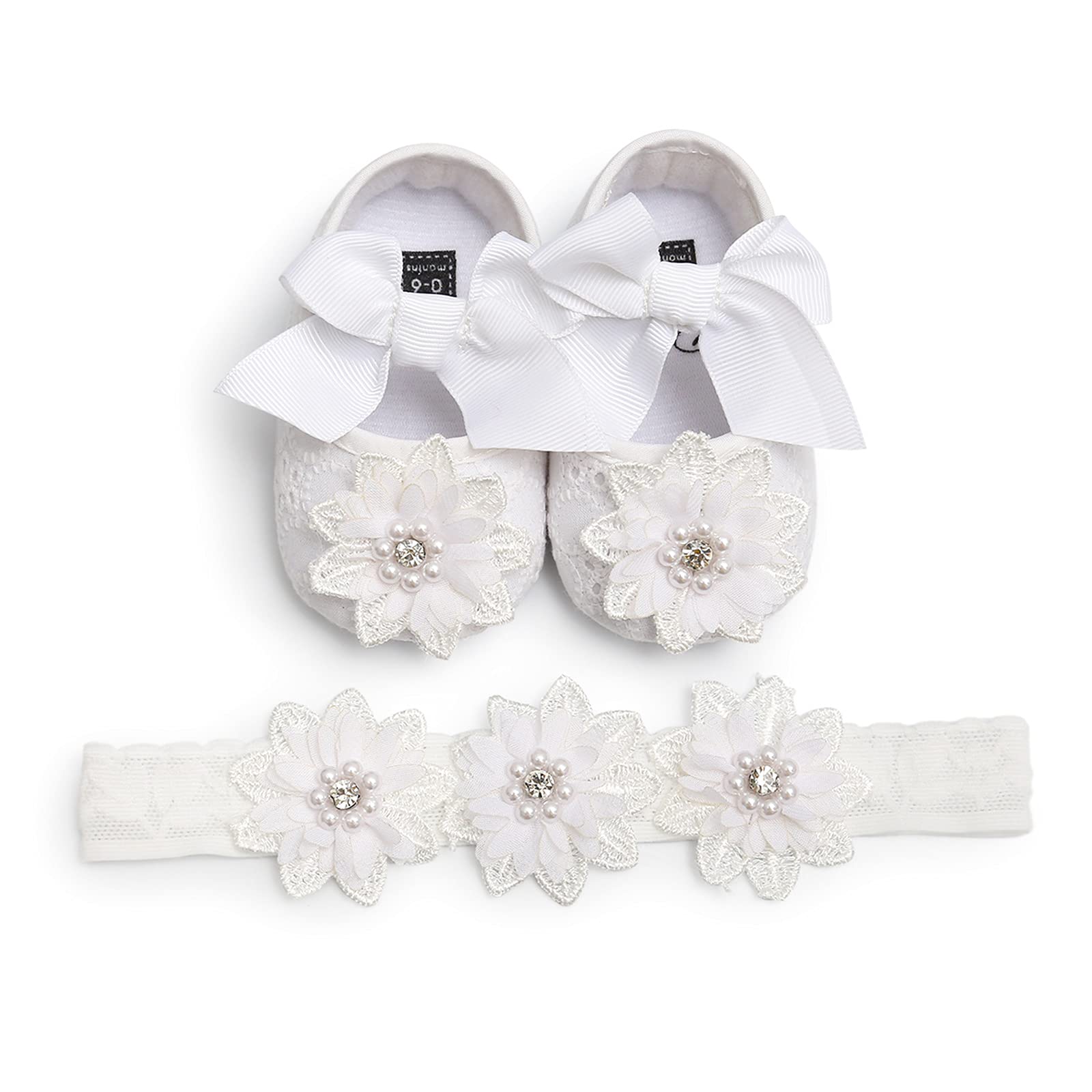 Baby Baptism Shoes and Headband Set - Floral Soft Sole Mary Jane Princess Dress Shoes for Christening, First Communion & Special Occasions