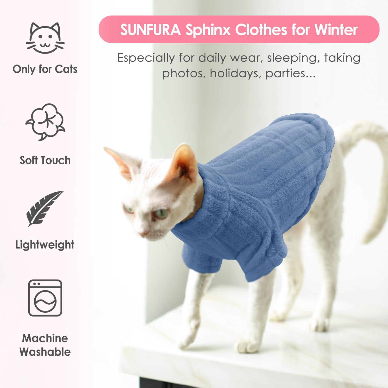 Warm & Soft SUNFURA Cat Sweater for Hairless Sphynx - Fleece Pullover with Sleeves, Cozy Turtleneck Kitten Jumpsuit for Fall & Winter (Blue, Medium) - Perfect for Indoor Comfort & Cold Weather Protection