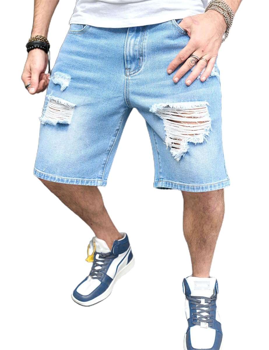 Kinghua Men's Ripped Distressed Loose Fit Straight Leg Denim Jean Shorts - Comfortable Casual Summer Wear for Outdoor Activities and Street Style