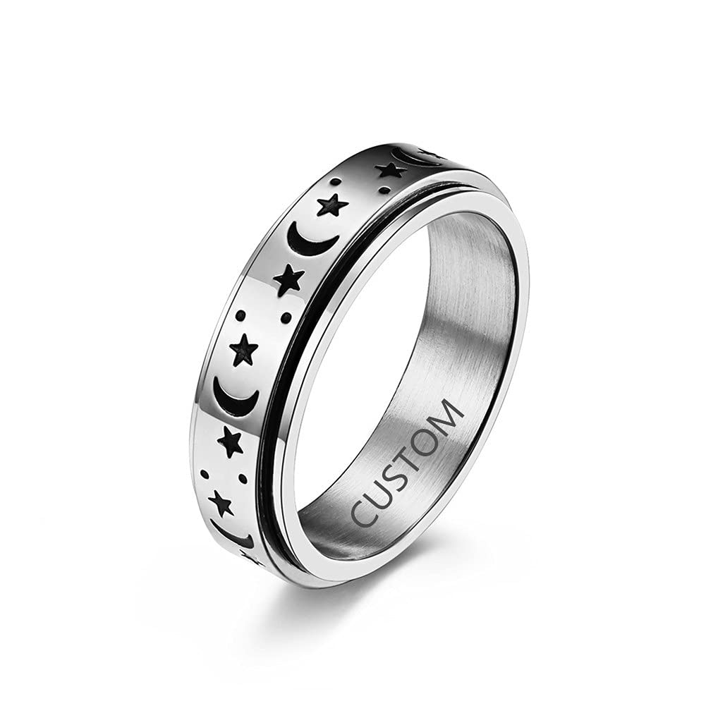 Custom Star Moon Spinner Rings 8mm Stainless Steel - Stress Relief Jewelry for Women & Men, Perfect for Anxiety Relief & Gifts