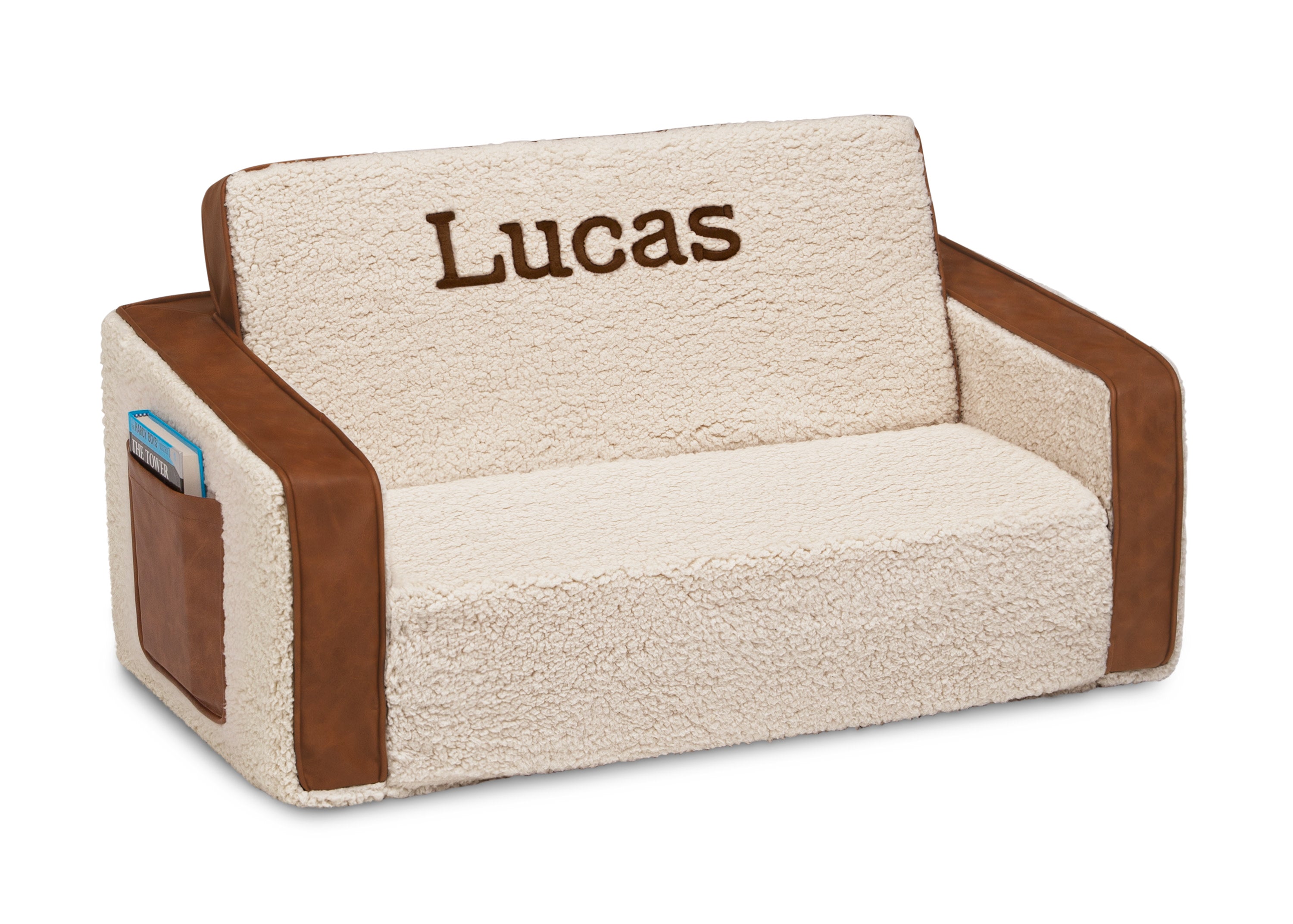 Personalized Cozee Flip Out Sherpa & Leather 2-in-1 Convertible Sofa to Lounger for Kids - Perfect for Playrooms, Bedrooms & Small Spaces