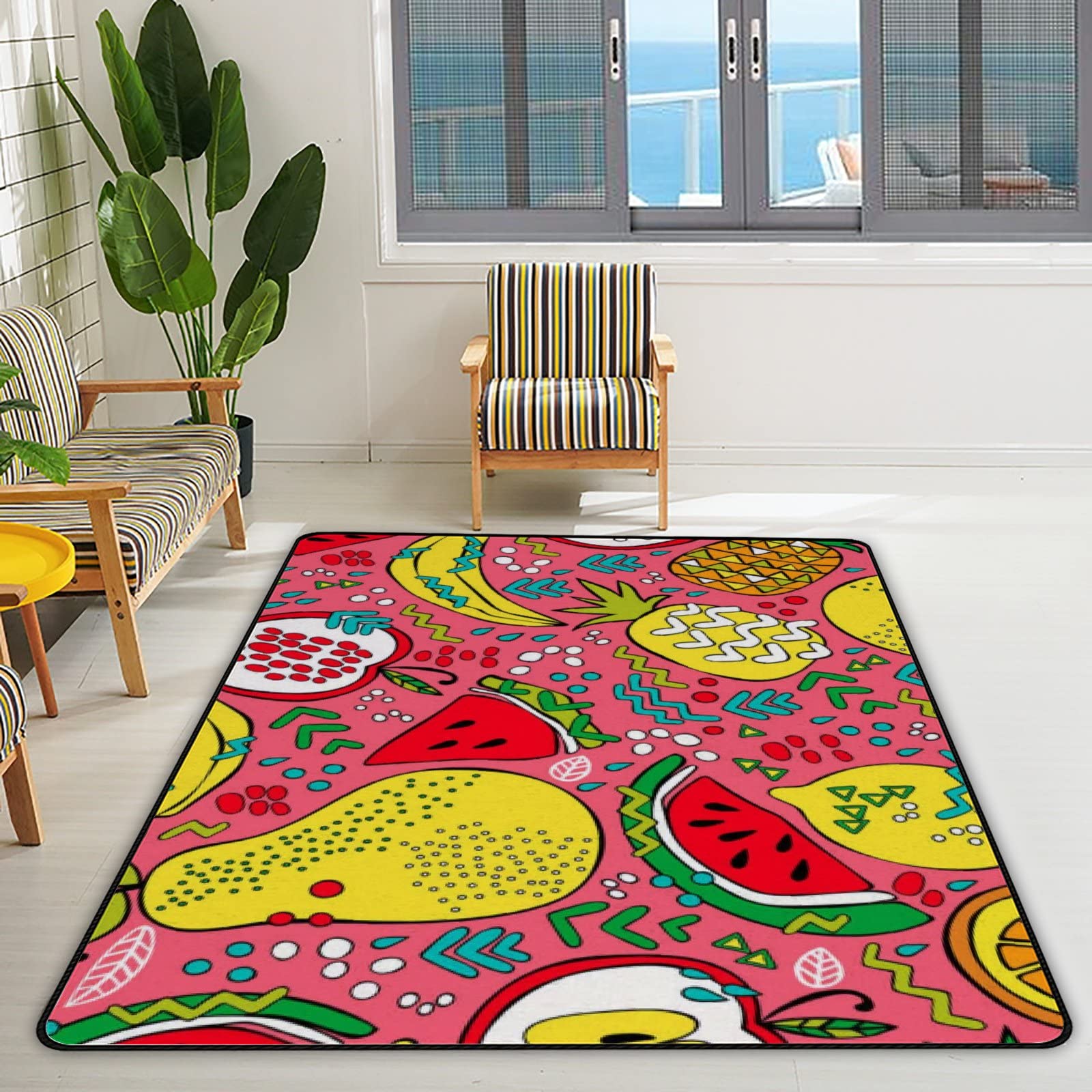 Non-Slip Watermelon & Pear Print Large Area Rug 63x48in - Soft Floor Carpet for Living Room, Bedroom, Nursery, Playroom & Yoga Space | Home Decor & Kids Safe