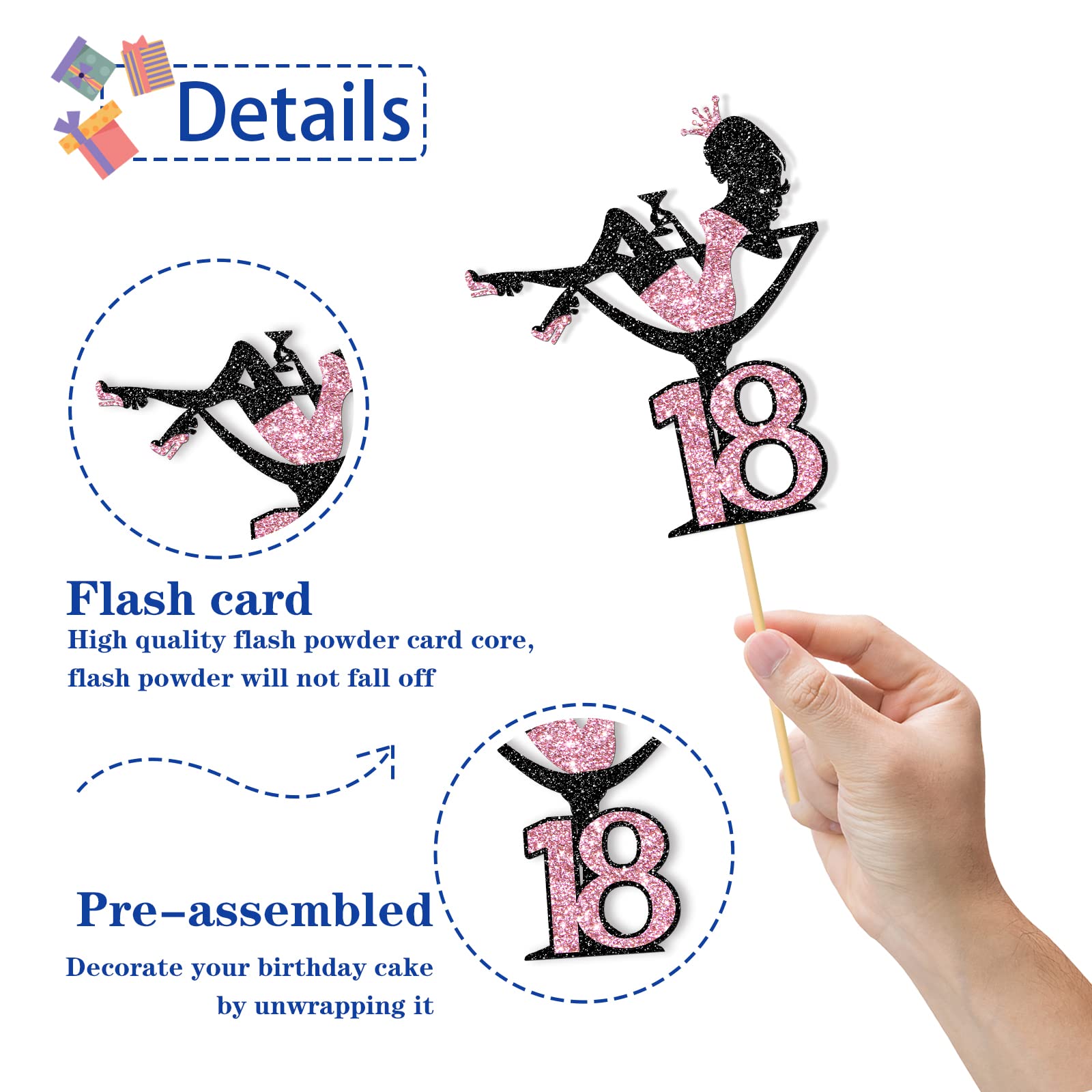 18th Birthday Cake Topper - Glamorous Sitting Girl with Black & Pink Glitter for Makeup Spa Theme Party Decorations | Perfect for Sweet 16, Quinceañera & Teen Birthday Celebrations