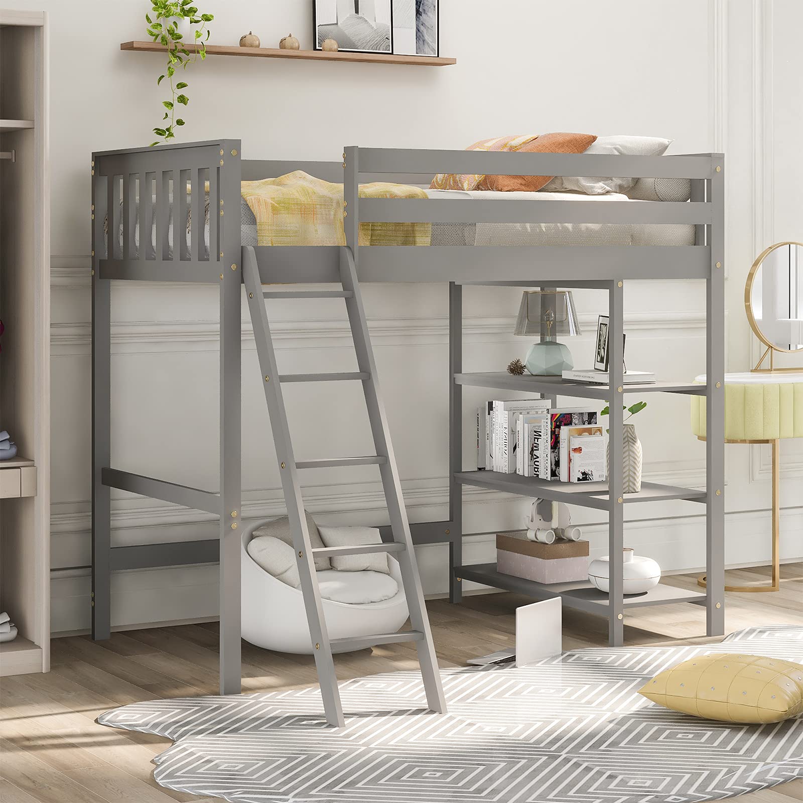 Pine Wood Loft Bed with Storage Shelves - Twin Size No Box Spring Needed - Space Saving Kids & Teen Bedroom Furniture for Small Rooms & Dorm Living
