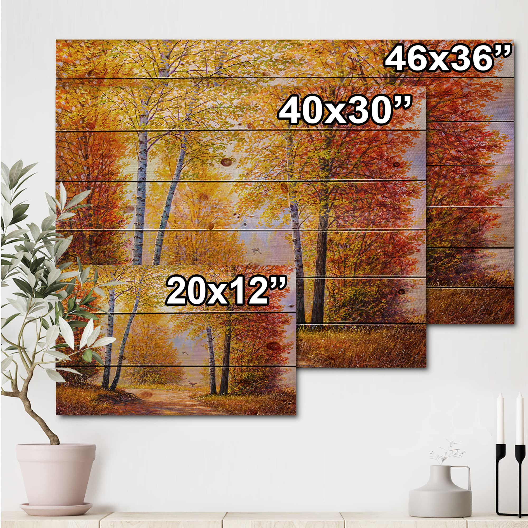 DesignQ Autumn Trees Lake House Wood Wall Decor - Orange Wood Wall Art, Large Landscape Panel Printed on Natural Pine - Perfect for Living Room, Bedroom & Office Decor