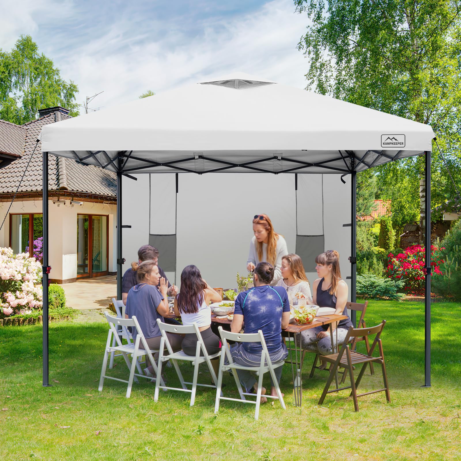 KAMPKEEPER 10x10 Pop Up Canopy Tent with Storage Pockets & Sidewalls - Easy Setup Sun Shelter with Vented Roof, UV & Rain Protection for Camping, Beach, Backyard, Picnics, Tailgating and Outdoor Events (White)
