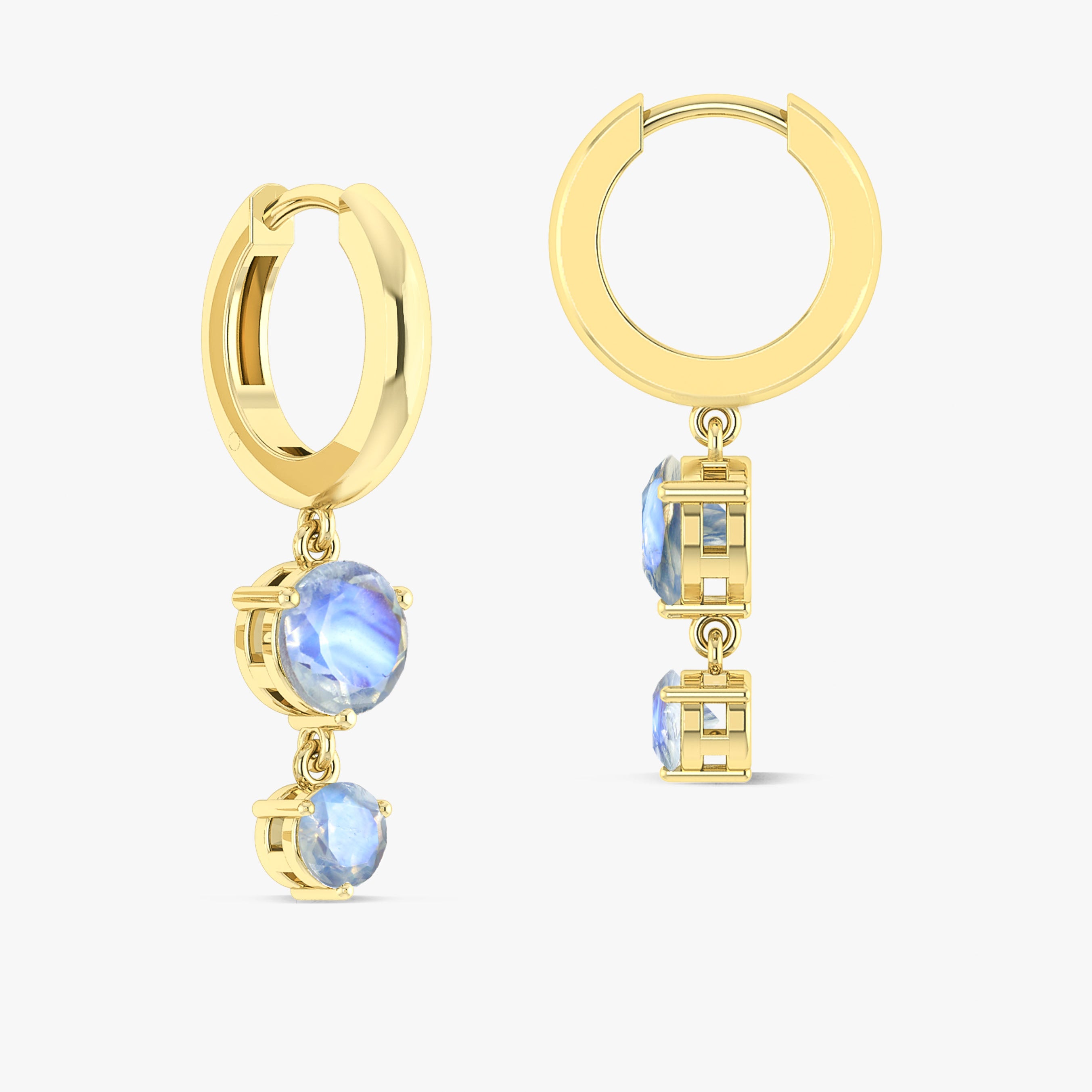 2 Round Stone Natural Moonstone Drop Hoop Earrings for Women - Elegant Dangle Jewelry for Everyday Wear & Special Occasions