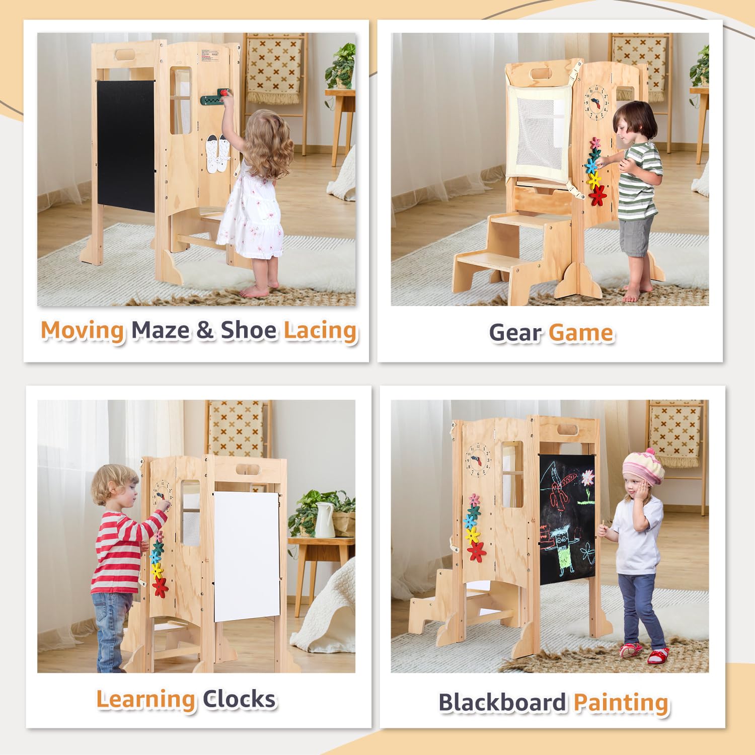 **Foldable Toddler Tower & Step Stool - Adjustable Height Montessori Learning Tower with Blackboard & Toys for Kitchen, Playroom & Homeschooling**