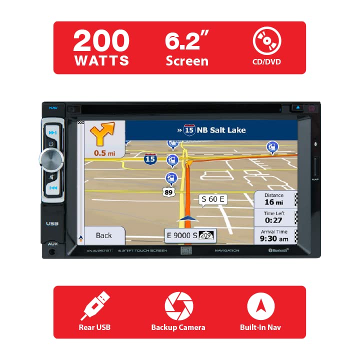 Dual Electronics XNAV267BT 6.2-inch Double DIN Car Stereo with GPS Navigation, Bluetooth, USB iPhone Control, CD/DVD Player - Perfect for Road Trips & Hands-Free Driving