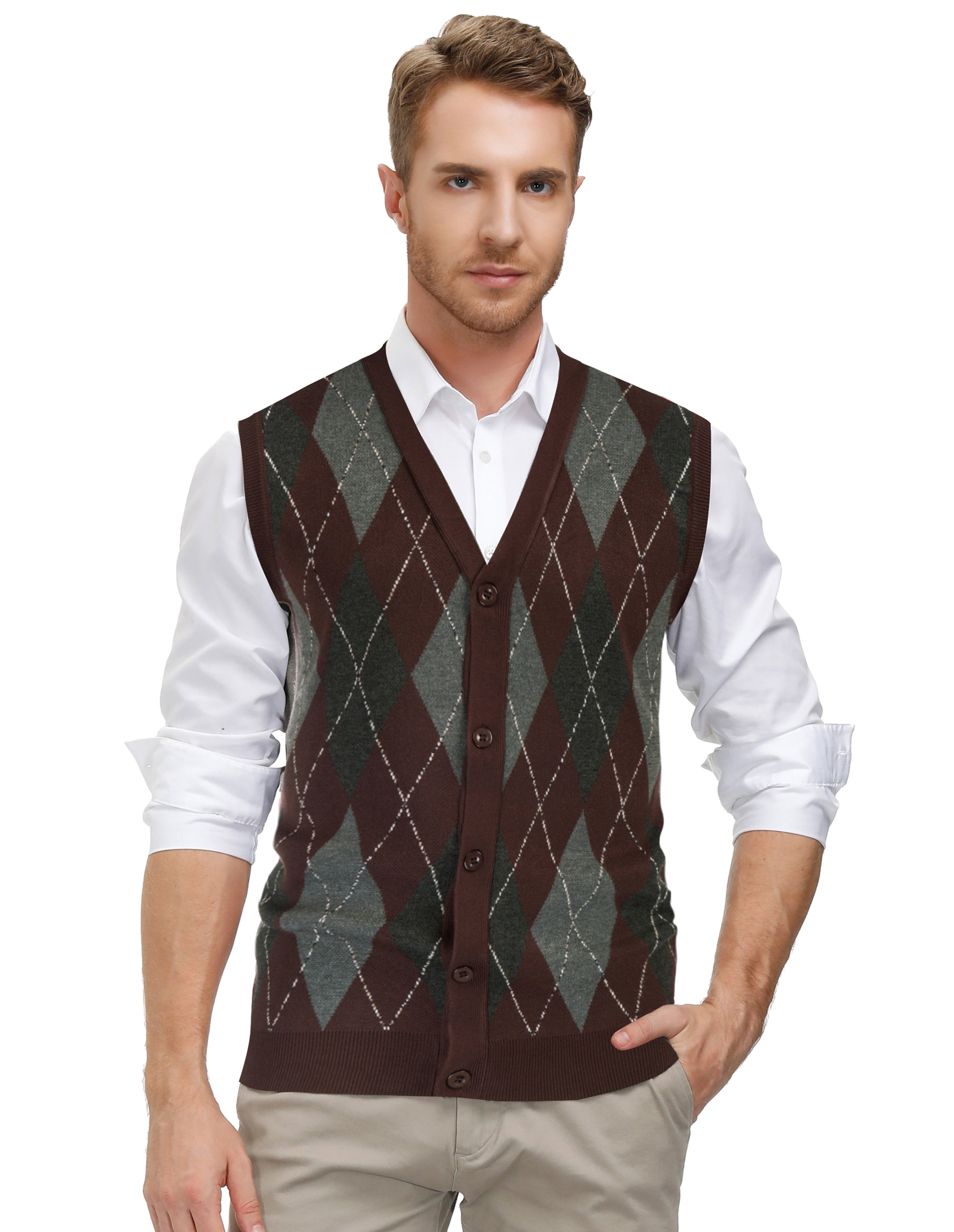PJ Paul Jones Men's Sleeveless Sweater Vest - Contrast Color Diamond Pattern Button Placket for Casual Wear & Layering Outfits
