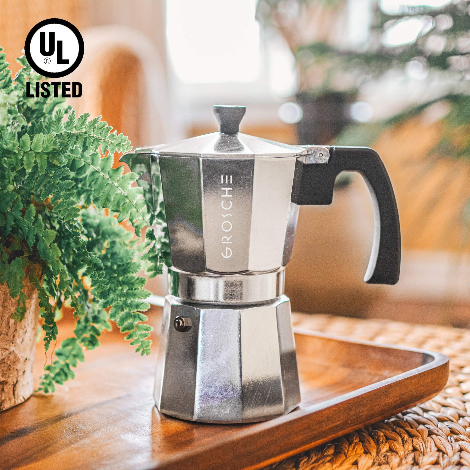 GROSCHE Milano Stovetop Espresso Maker - 9 Cup Moka Pot (15.2 oz) - Silver Italian Coffee Brewer for Cuban & Espresso - Perfect for Home, Camping & Gifts