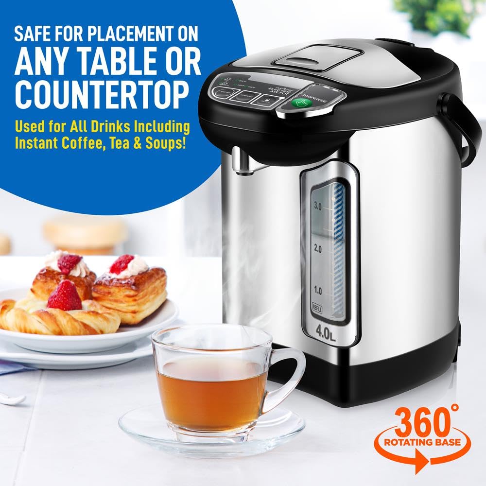 NutriChef 4L/4.2Qt Stainless Steel Electric Water Boiler & Warmer with Rotating Base, Auto Shut Off & Safety Lock - Fast Heating for Coffee, Tea, Instant Noodles & Baby Formula - Perfect for Home, Office & Dorm Use (NCHUB24)