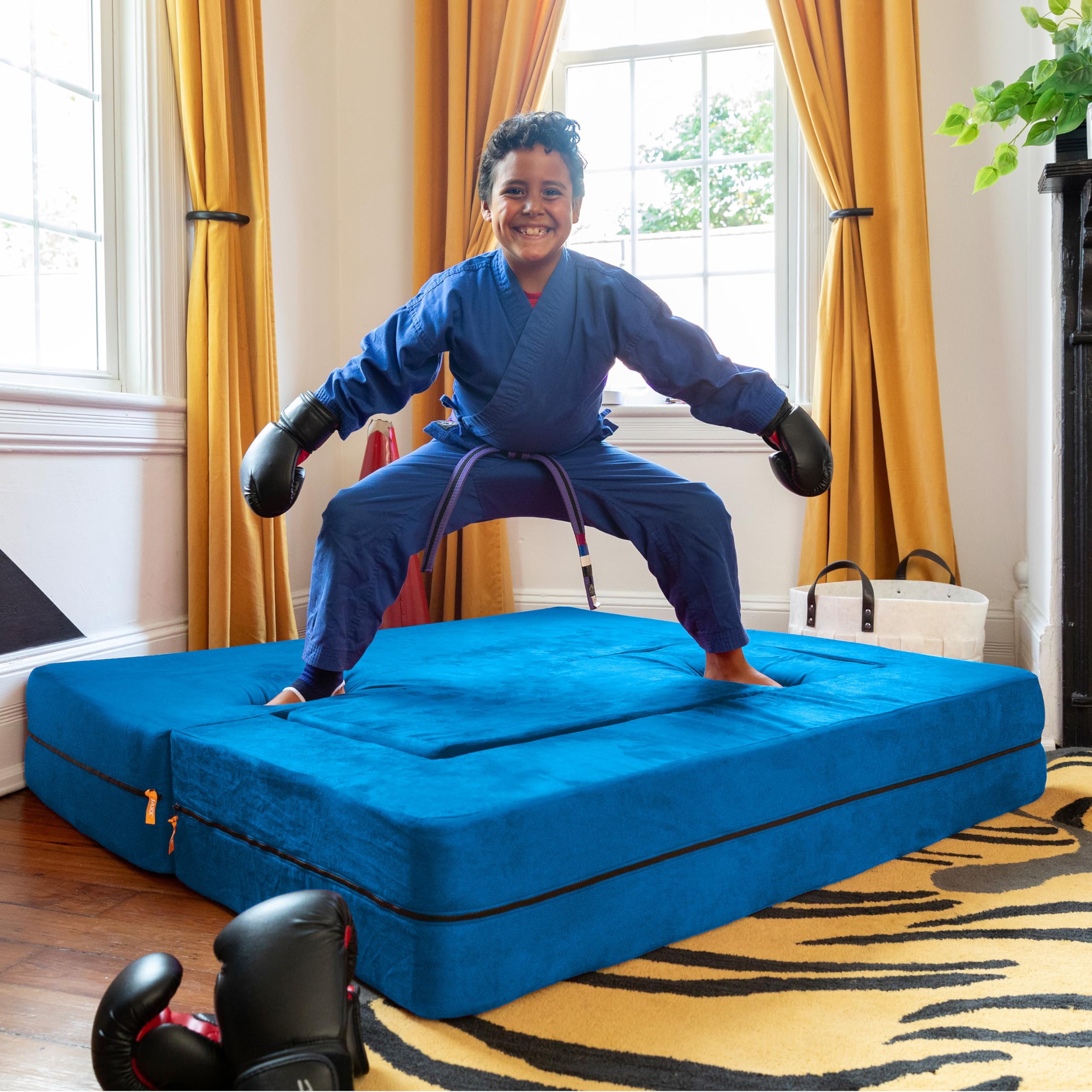 Jaxx Zipline Kids Sofa & Large Ottoman 3-in-1 Fold Out Convertible Sofa Bed - Big Kids Edition in Blueberry - Perfect for Playroom, Bedroom or Lounge Area