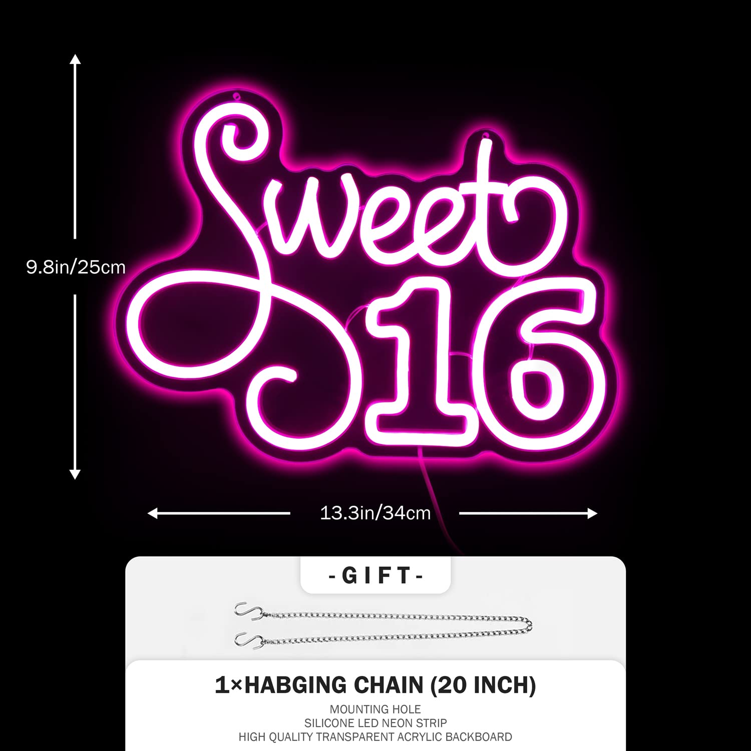 Sweet 16 Pink LED Neon Sign - 13.39x9.84 Inch Dimmable USB Wall Decor for Birthday Parties, Girls Bedroom & Teen Room Decorations - Perfect for Sweet Sixteen Celebrations, Sleepovers & TikTok Room Aesthetics