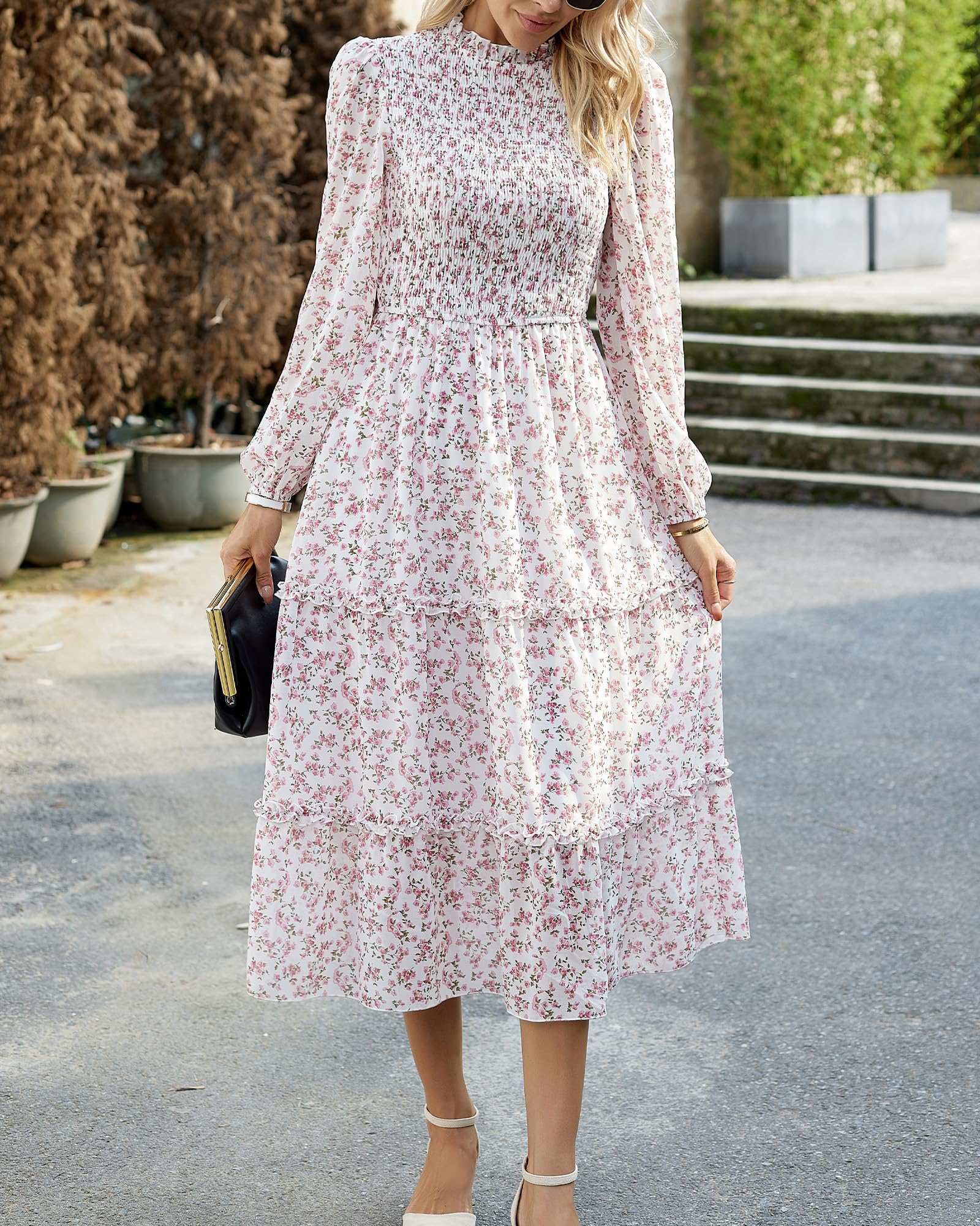 NOLLSOM Women's Floral Boho Maxi Dress - Long Sleeve Crew Neck A-Line Flowy Wedding Guest Dress for Spring 2025 | Perfect for Beach Vacations, Garden Parties & Casual Outings