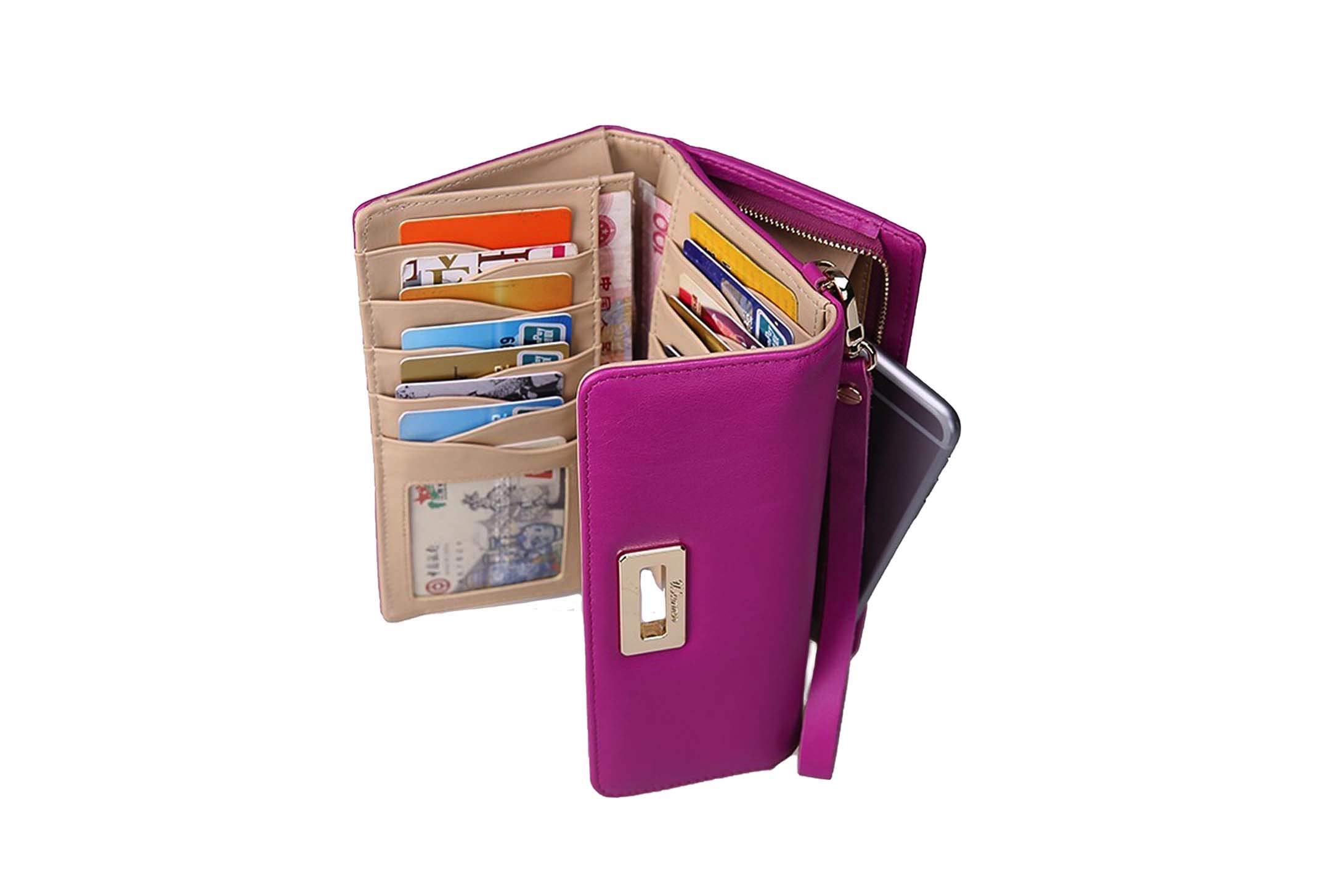Women's Flip Lock Calfskin Leather Wristlet Wallet - Slim RFID Blocking Clutch Purse for Everyday Use, Travel & Night Out