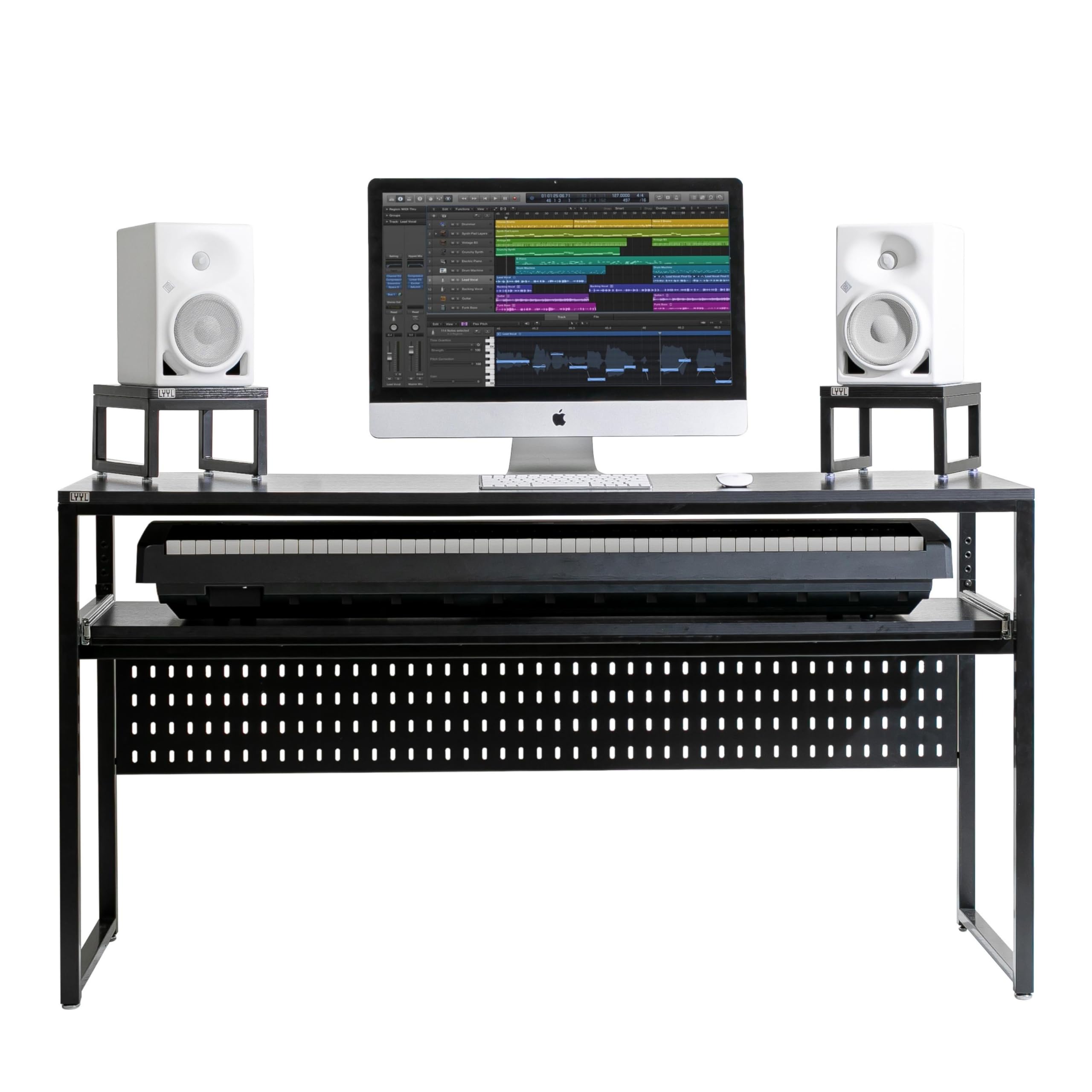 Professional Music Studio Desk with Keyboard Tray - Fits 88 & 61 Key Digital Pianos - Heavy Duty Producer Workstation (Black) | Home Recording Studio Setup, Music Production & Piano Practice Furniture
