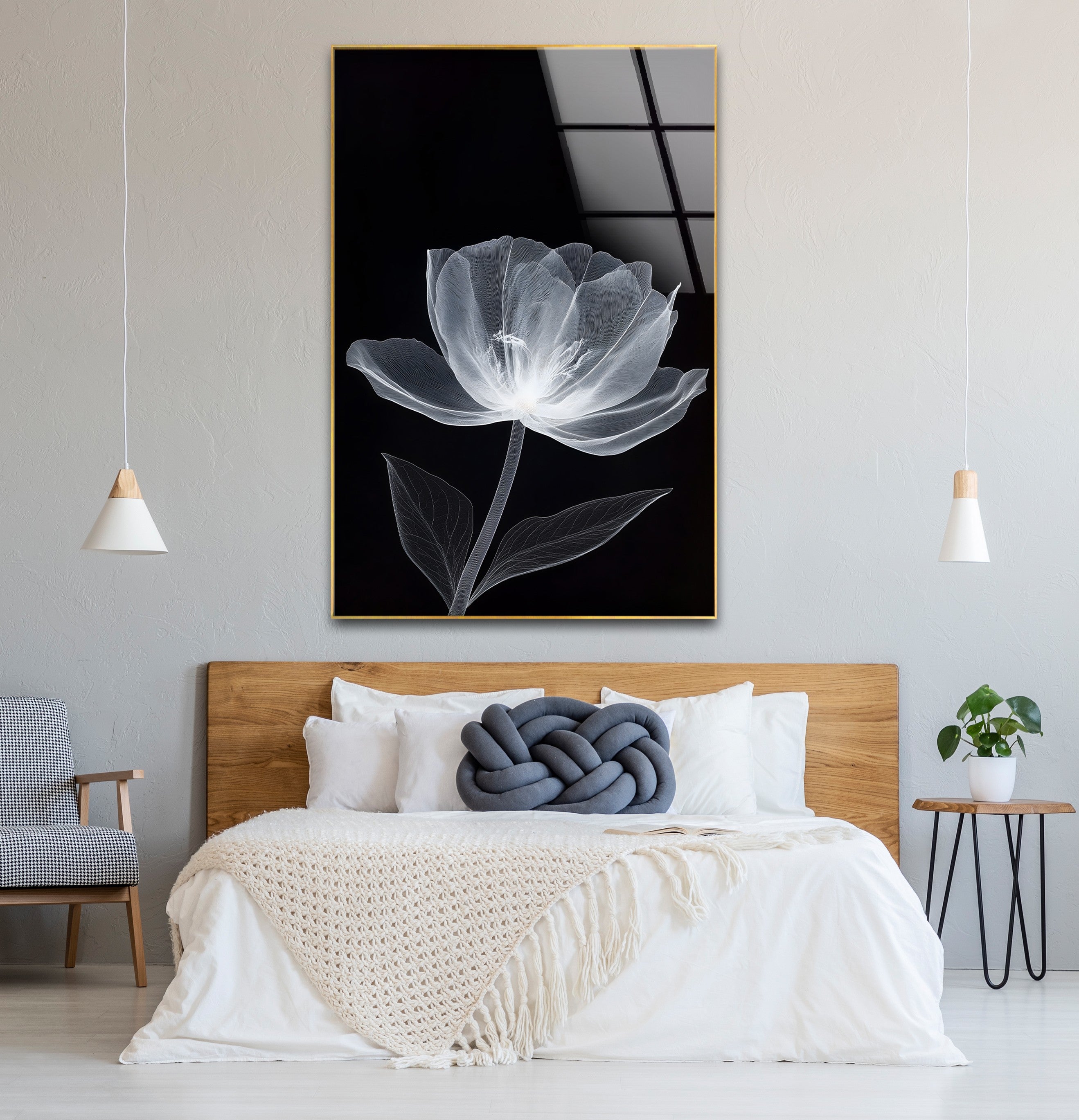 Black and White Minimal Floral Glass Wall Art - Modern Home Decor for Living Room, Bedroom & Office - Elegant Framed Glass Painting for Housewarming Gifts
