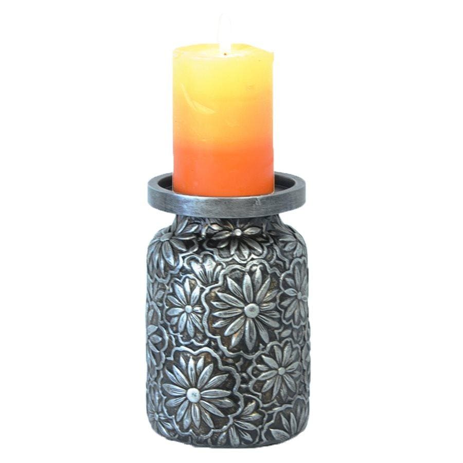 Faux Metal Embossed Flower Pillar Candle Holder - Elegant Home Decor for Wedding Centerpiece, Romantic Dinner, and Tabletop Decoration