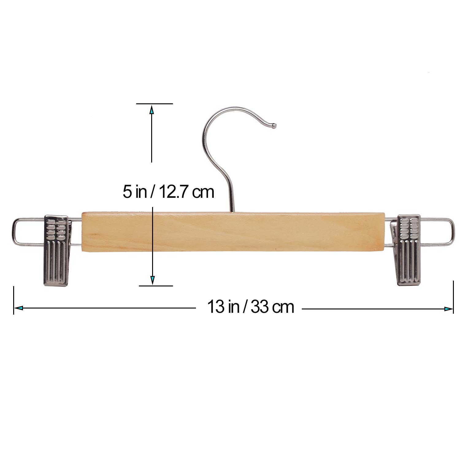 10-Pack Natural Wooden Pant & Skirt Hangers with 2 Adjustable Rust-Resistant Clips - Space-Saving Closet Organizer for Pants, Skirts & Dresses