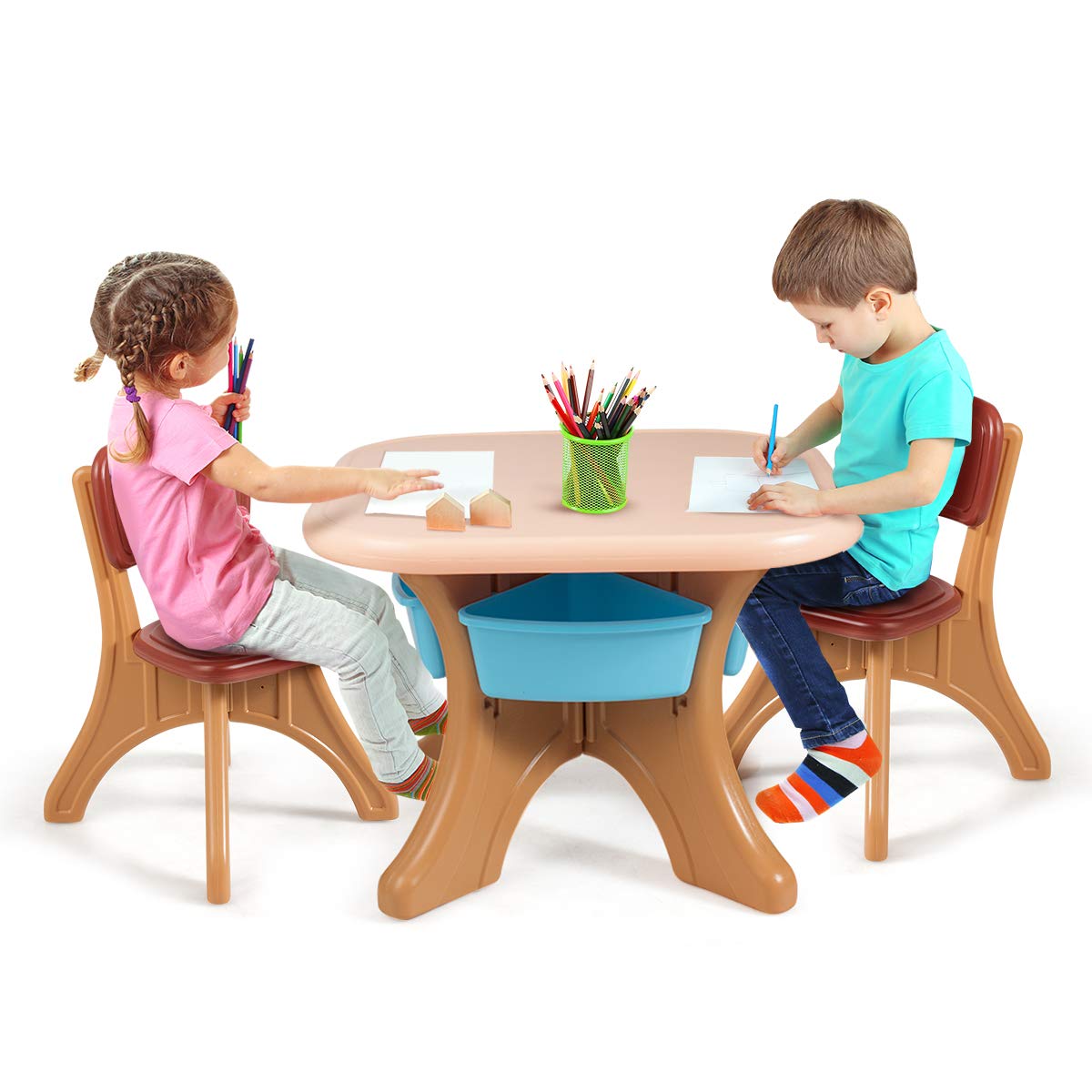 HONEY JOY Kids Table and Chair Set - 3-Piece Plastic Toddler Activity Table with 2 Chairs & Storage Bins | Durable Child Furniture for Daycare, Playroom, Home | Perfect for Boys & Girls (Coffee) | Ideal for Arts & Crafts, Snack Time, and Learning Activities