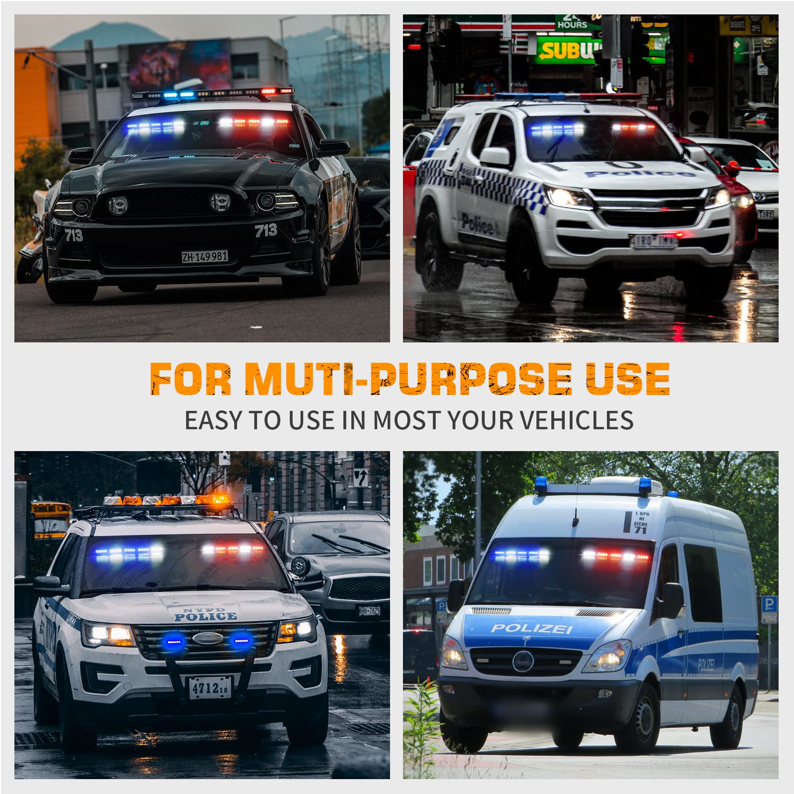 XRIDONSEN 34 Inch Emergency Police Light Bar - 40 LED Red & Blue Strobe Lights for Vehicles & Trucks - Interior Windshield Mount with White Take Down Deck - Safety Warning Flashing Lights for Emergency, Security, and Off-Road Use
