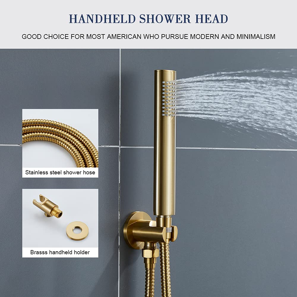 TIPOK Brushed Gold Shower System - 10 Inch Rainfall Shower Head with Handheld Sprayer | High Pressure Gold Shower Faucet Set with Pressure Balance Brass Valve | Perfect for Luxurious Bathroom Renovations & Spa-Like Shower Experience