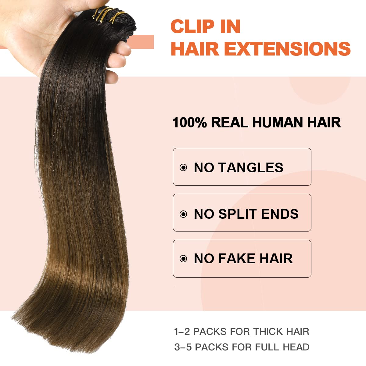 XD Clip in Hair Extensions 18 Inch - 120g 6Pcs Real Human Hair Ombre (Natural Black to Medium Brown) with Soft Thick Ends | Perfect for Volume, Length & Styling for Parties, Weddings & Daily Wear