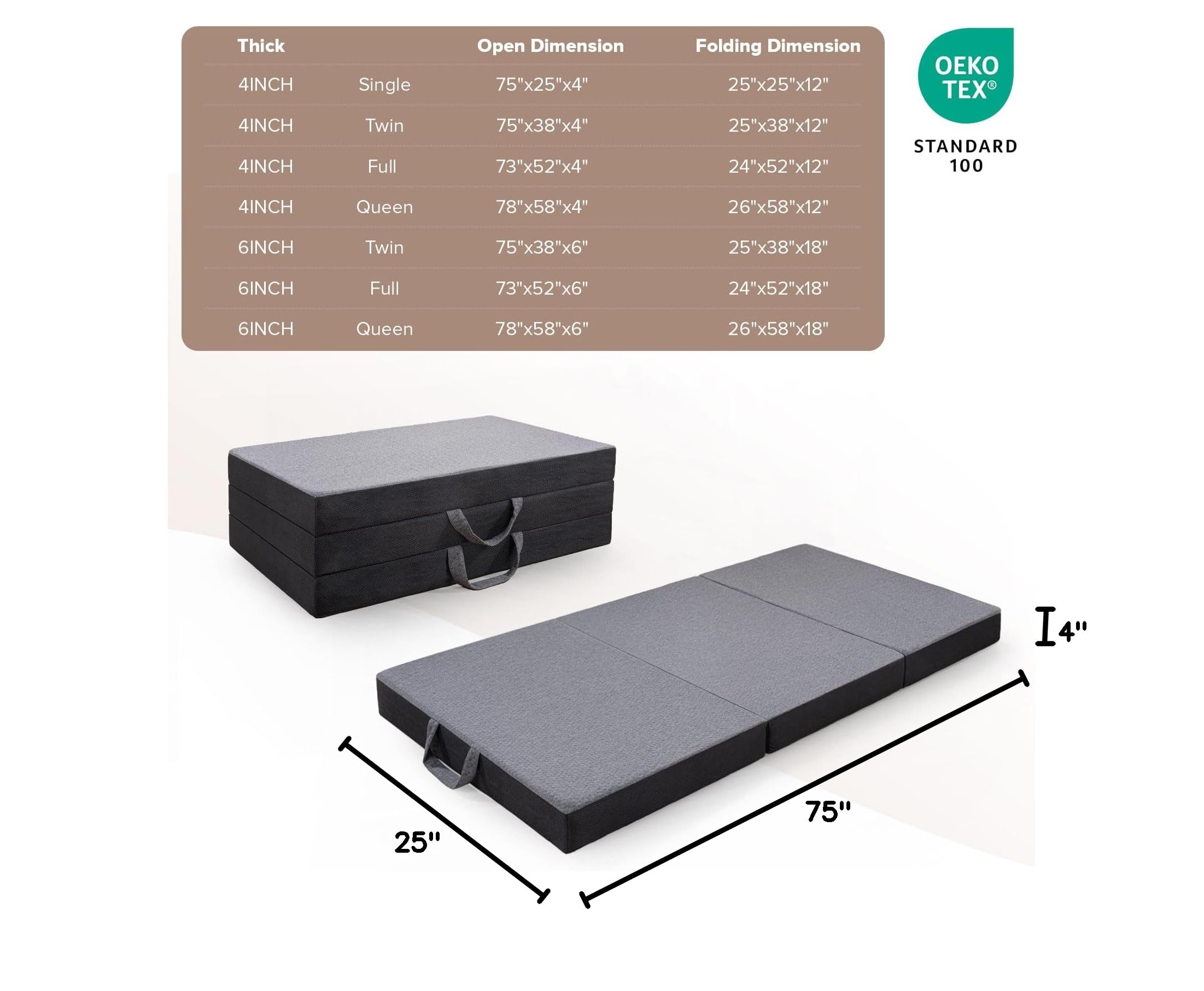 Vamcheer 4 Inch Tri-Fold Memory Foam Mattress - Single Size Foldable Mattress for Travel, RV, Camping, Guest Room & Yoga | Portable with Washable Cover, Handle & Non-Slip Bottom (75