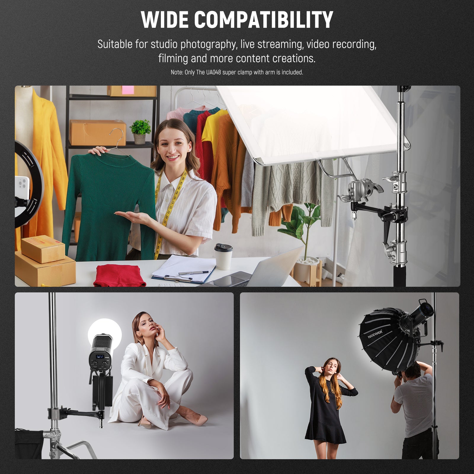 NEEWER UA048 Super Clamp with 6 Extension Arm - Heavy Duty Photography Clamp for Studio Lights, Cameras, and Equipment - Perfect for Video Production, Live Streaming, and Photography Setups