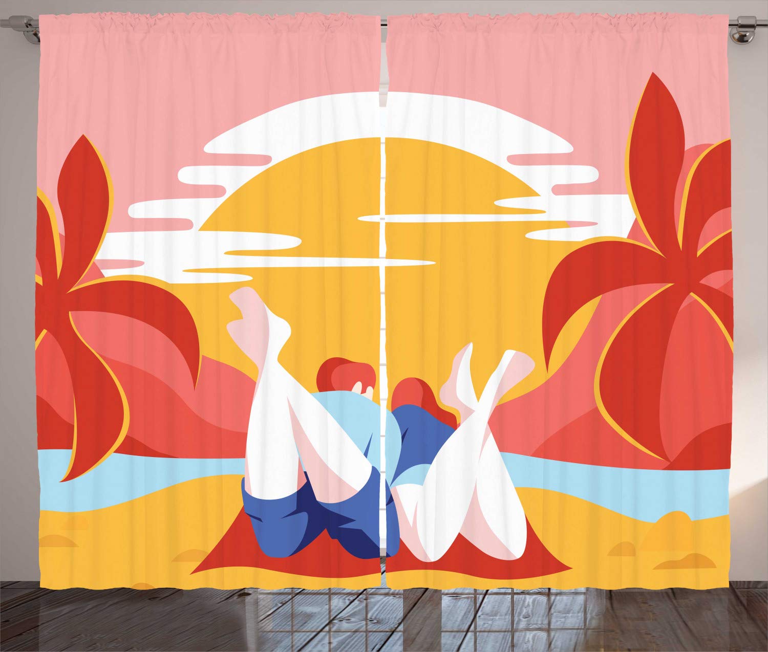 Ambesonne Beach Curtains - Colorful Summer Romance Cartoon Print of Young Couple on Beach with Palm Trees & Ocean - 2 Panel Window Drapes for Living Room & Bedroom - 108