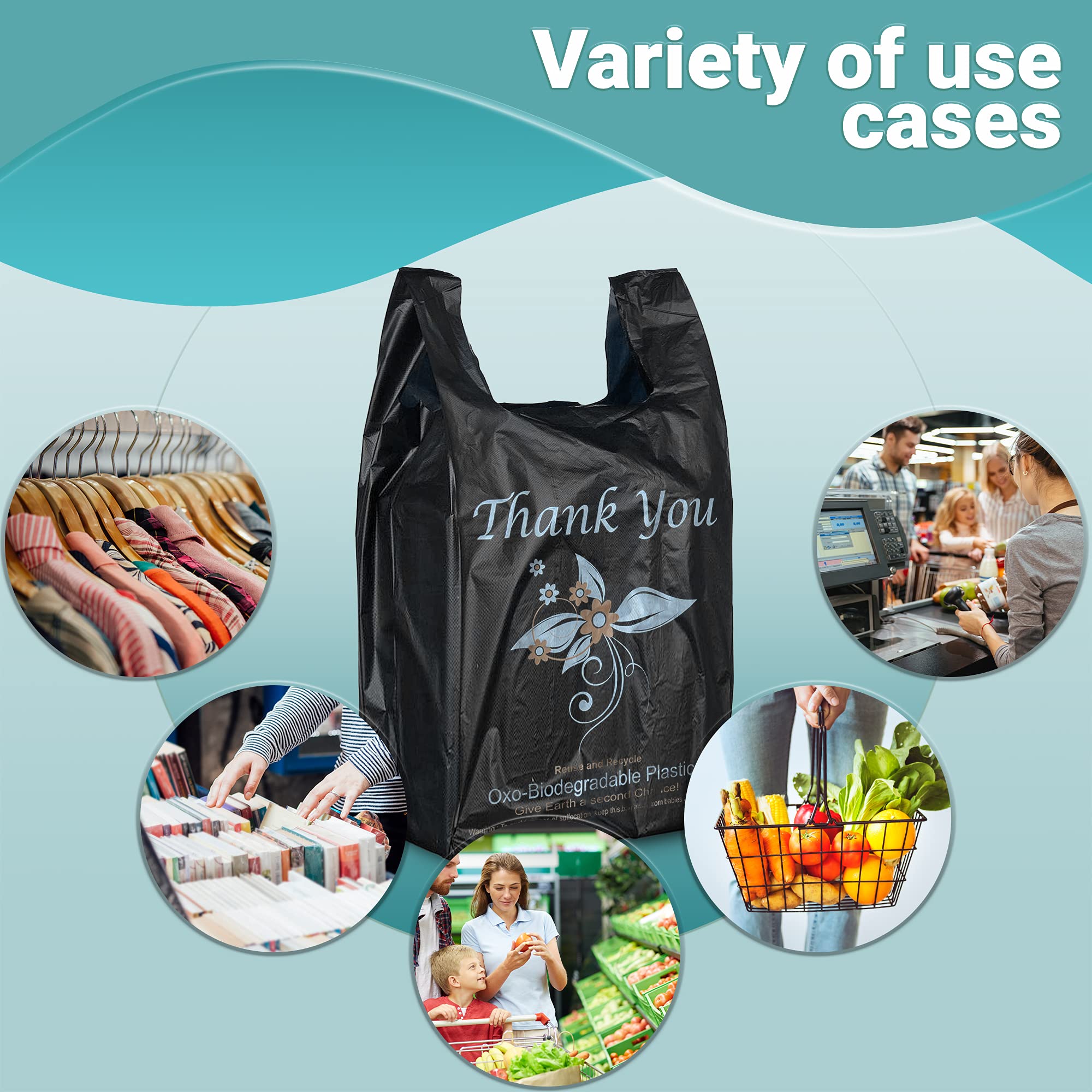 APQ 400 Pack Thank You Plastic Bags 18x8x32 Inches - 18 Micron Thick Black T-Shirt Carry Out Bags | Durable Preprinted Retail Shopping Bags for Stores, Restaurants & Clothing Boutiques | Perfect for Gift Packaging, Takeout Orders & Customer Purchases
