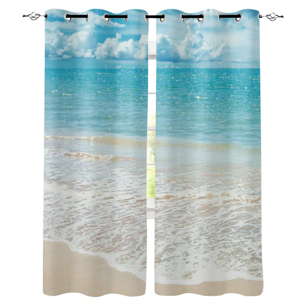 Tropical Beach Blackout Curtains - Thermal Insulated Room Darkening Window Drapes for Living Room & Bedroom (2 Panels, 40x63 Inches) - Coastal Blue Sky Ocean Scenery - Perfect for Vacation Homes, Beach Houses & Coastal Decor