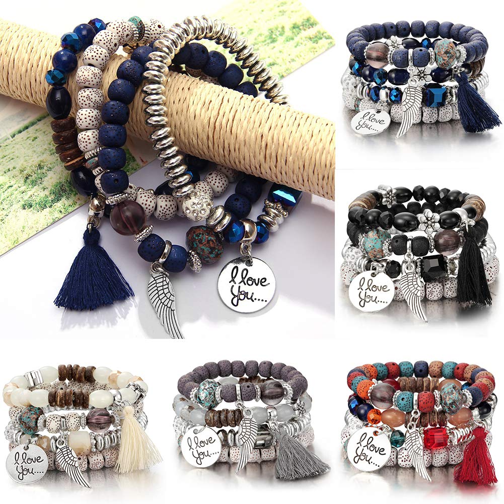 4Pcs Bohemian Beaded Bracelet Set for Women - Colorful Wing Bead Bangles, Handmade Jewelry Gift for Party, Festival & Everyday Wear