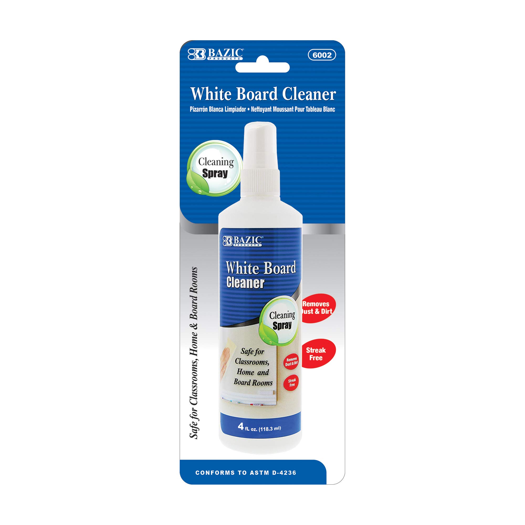 BAZIC Whiteboard Cleaner Spray 4Oz (72-Pack) – Low-Odor Dry Erase Board Liquid Cleaner for Ghosting & Shadowing – Perfect for Classrooms, Offices & Home Use